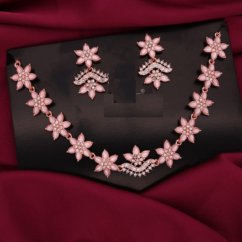Tehzeeb Creations Baby Pink Colour Star Design Stone Studded Necklace With Earrings | Grocsy