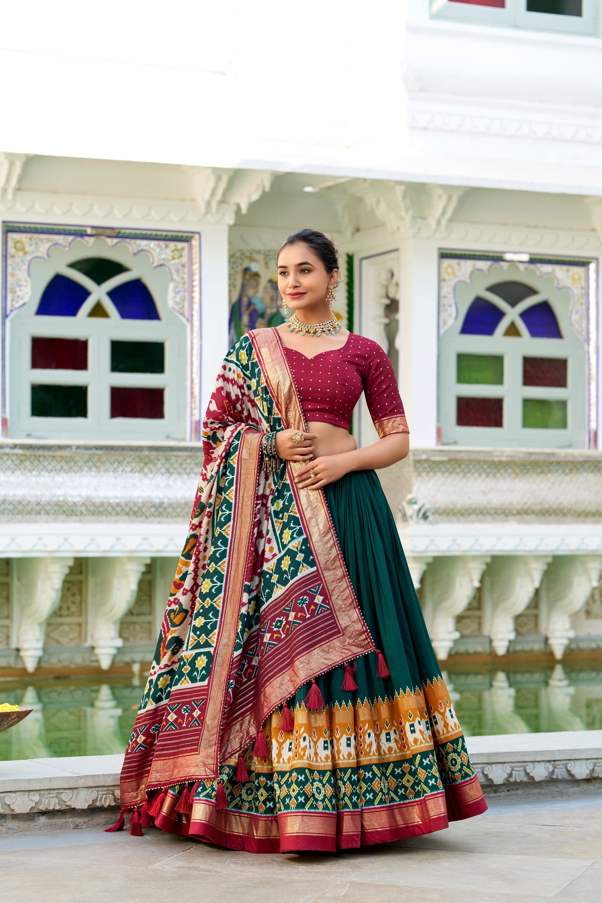 Lorenvalley Green Tussar Silk Patola Print With foil work Lehenga Choli | Grocsy
