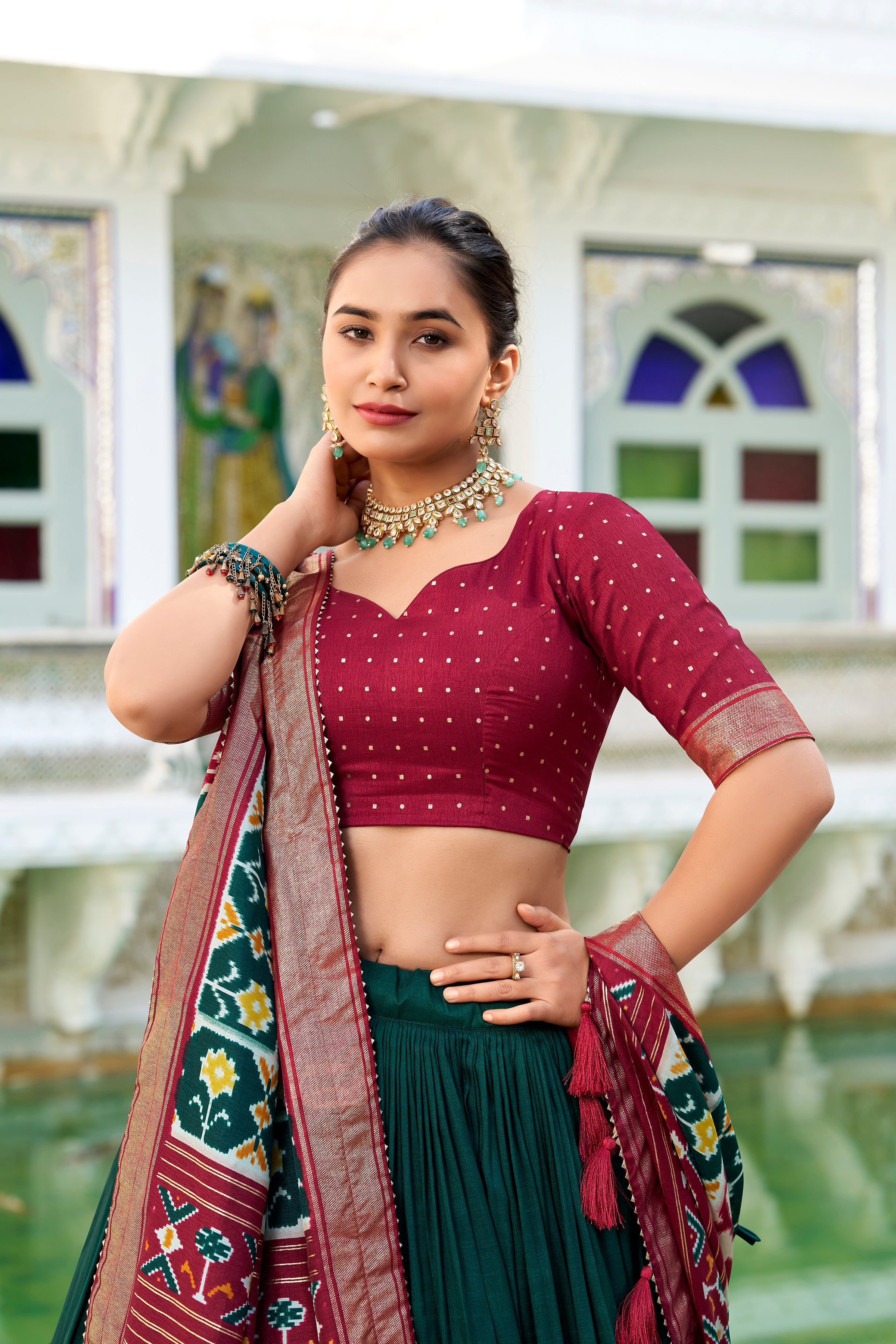 Lorenvalley Green Tussar Silk Patola Print With foil work Lehenga Choli | Grocsy