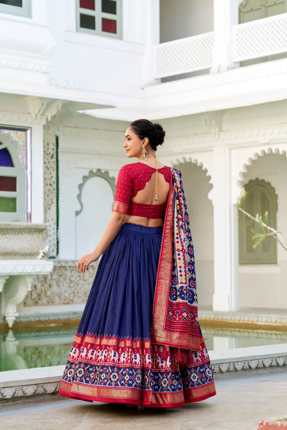 Lorenvalley Navyblue Tussar Silk Patola Print With foil work Lehenga Choli | Grocsy