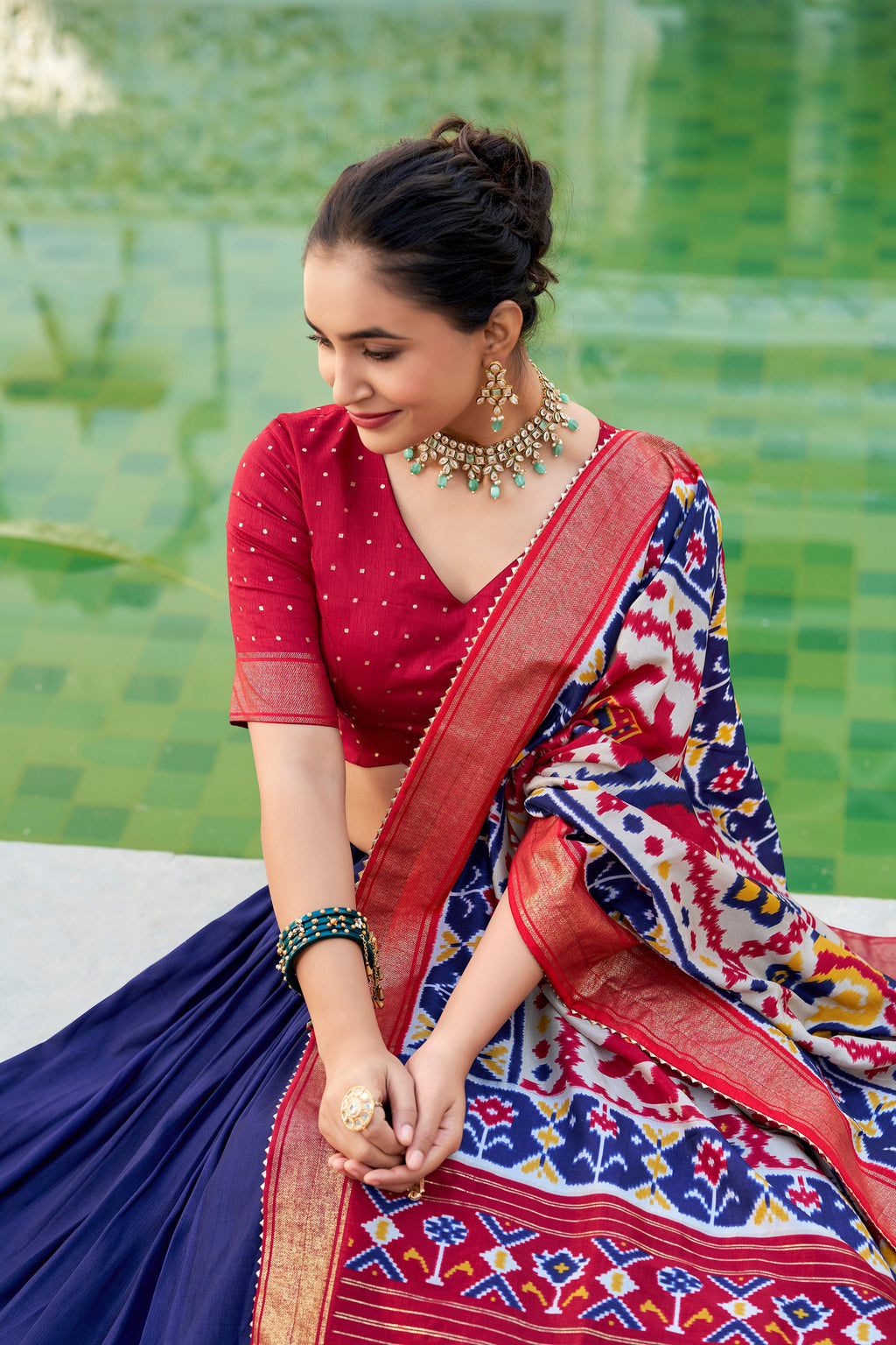 Lorenvalley Navyblue Tussar Silk Patola Print With foil work Lehenga Choli | Grocsy