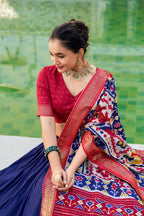 Lorenvalley Navyblue Tussar Silk Patola Print With foil work Lehenga Choli | Grocsy