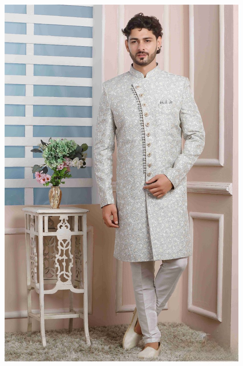 Raivat Ethnic Jacquard Silk Thread Work Indo Western In Grey Colour | Grocsy