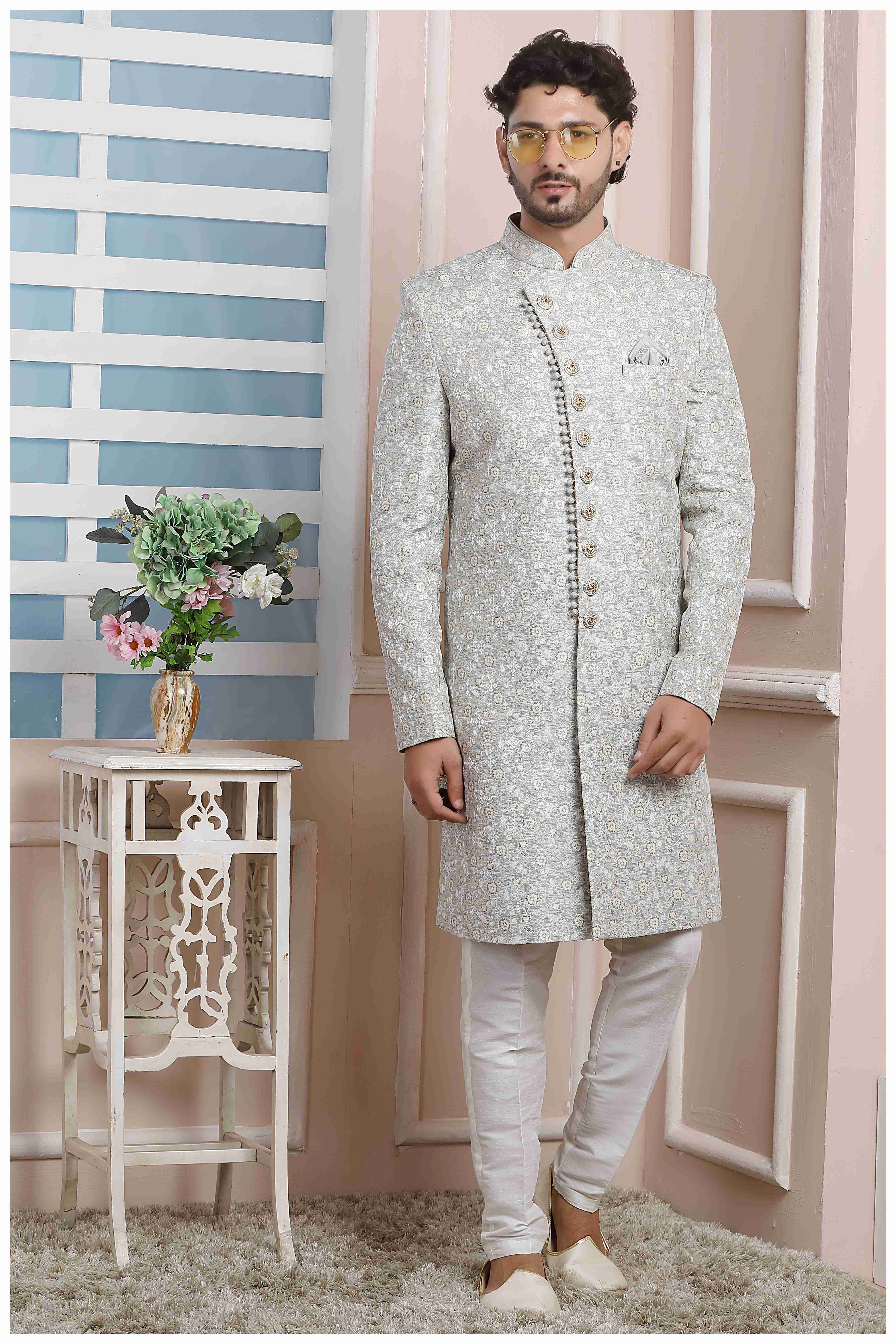 Raivat Ethnic Jacquard Silk Thread Work Indo Western In Grey Colour | Grocsy