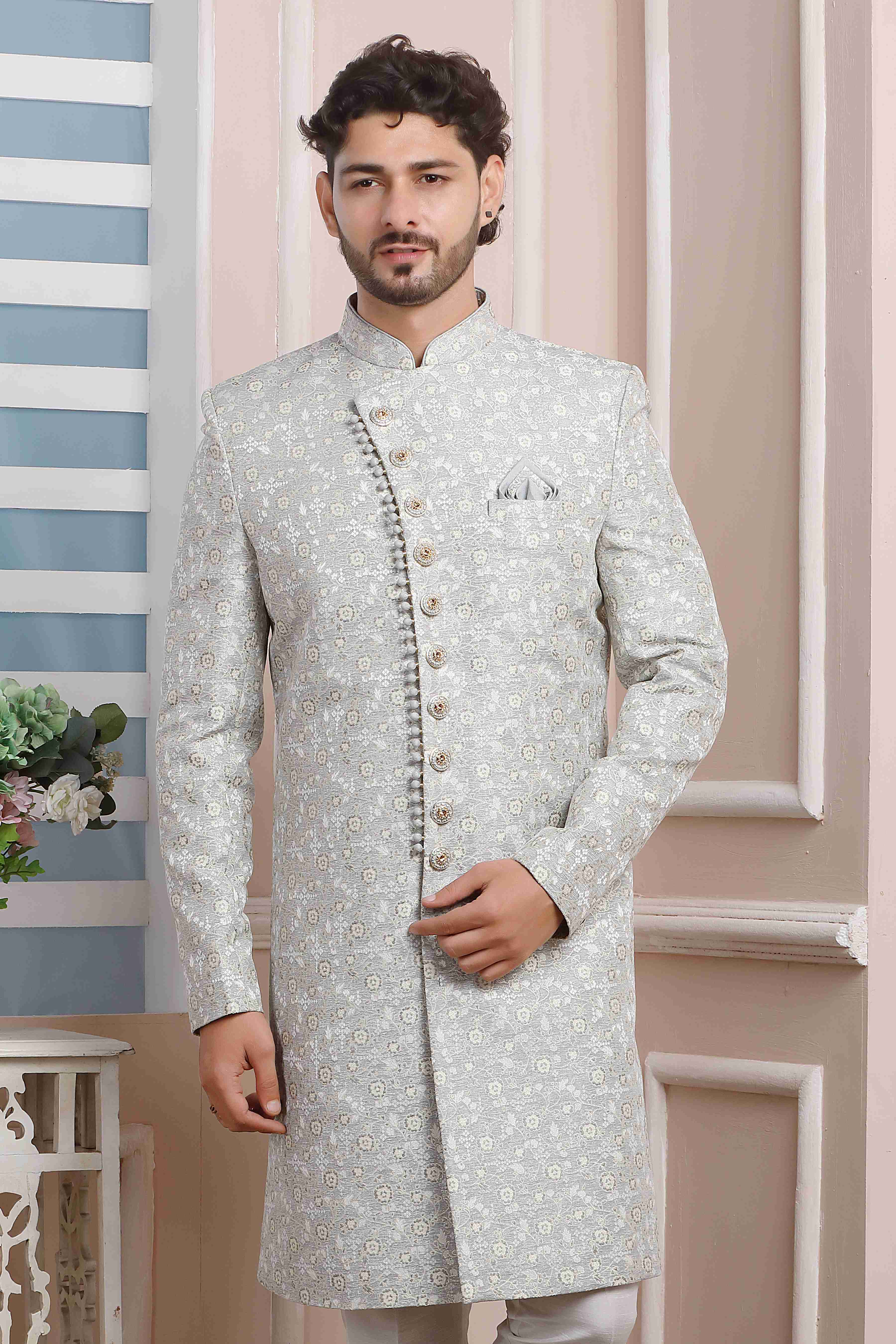 Raivat Ethnic Jacquard Silk Thread Work Indo Western In Grey Colour | Grocsy