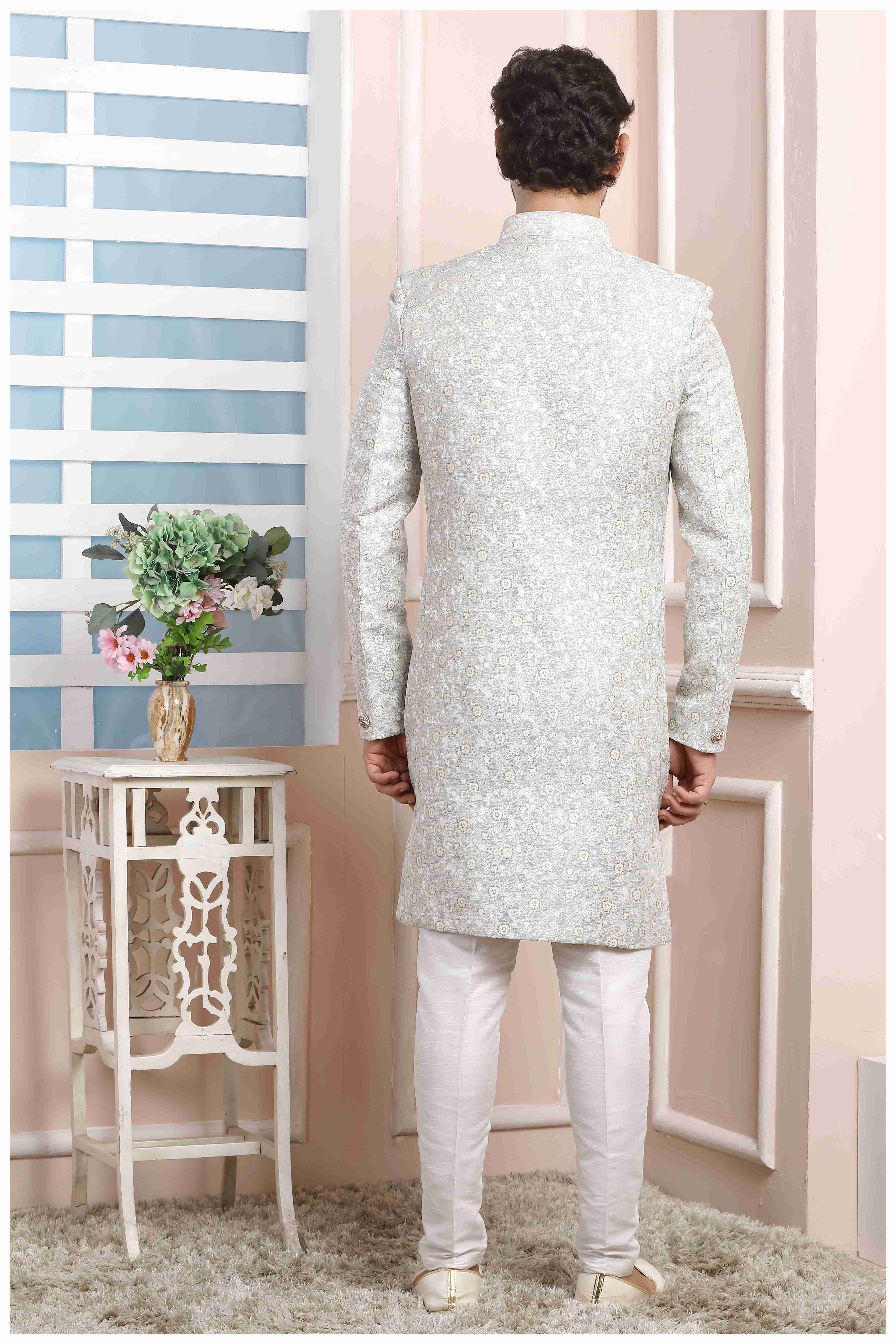 Raivat Ethnic Jacquard Silk Thread Work Indo Western In Grey Colour | Grocsy