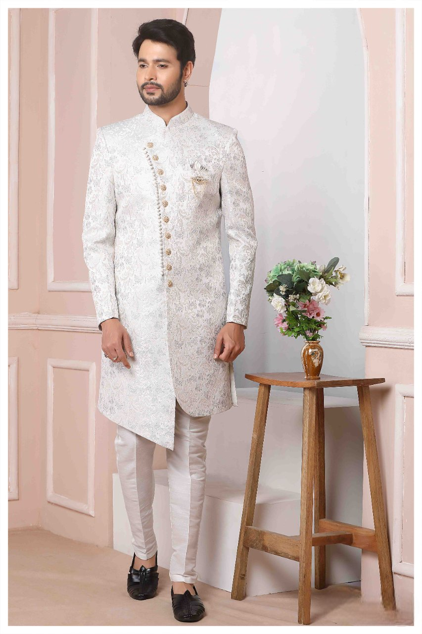 Raivat Ethnic Jacquard Silk Thread Work Indo Western In Light Grey Colour | Grocsy