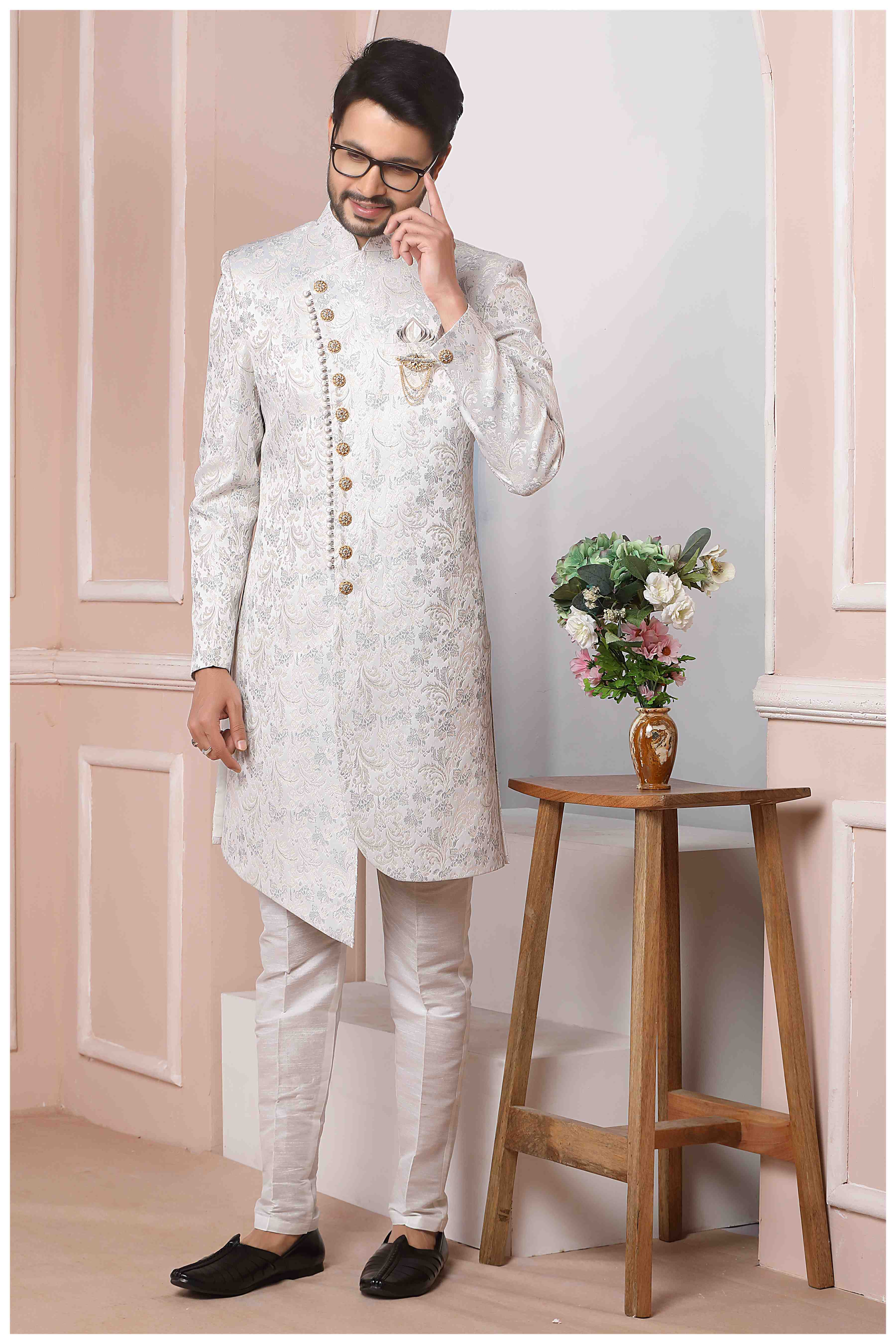Raivat Ethnic Jacquard Silk Thread Work Indo Western In Light Grey Colour | Grocsy