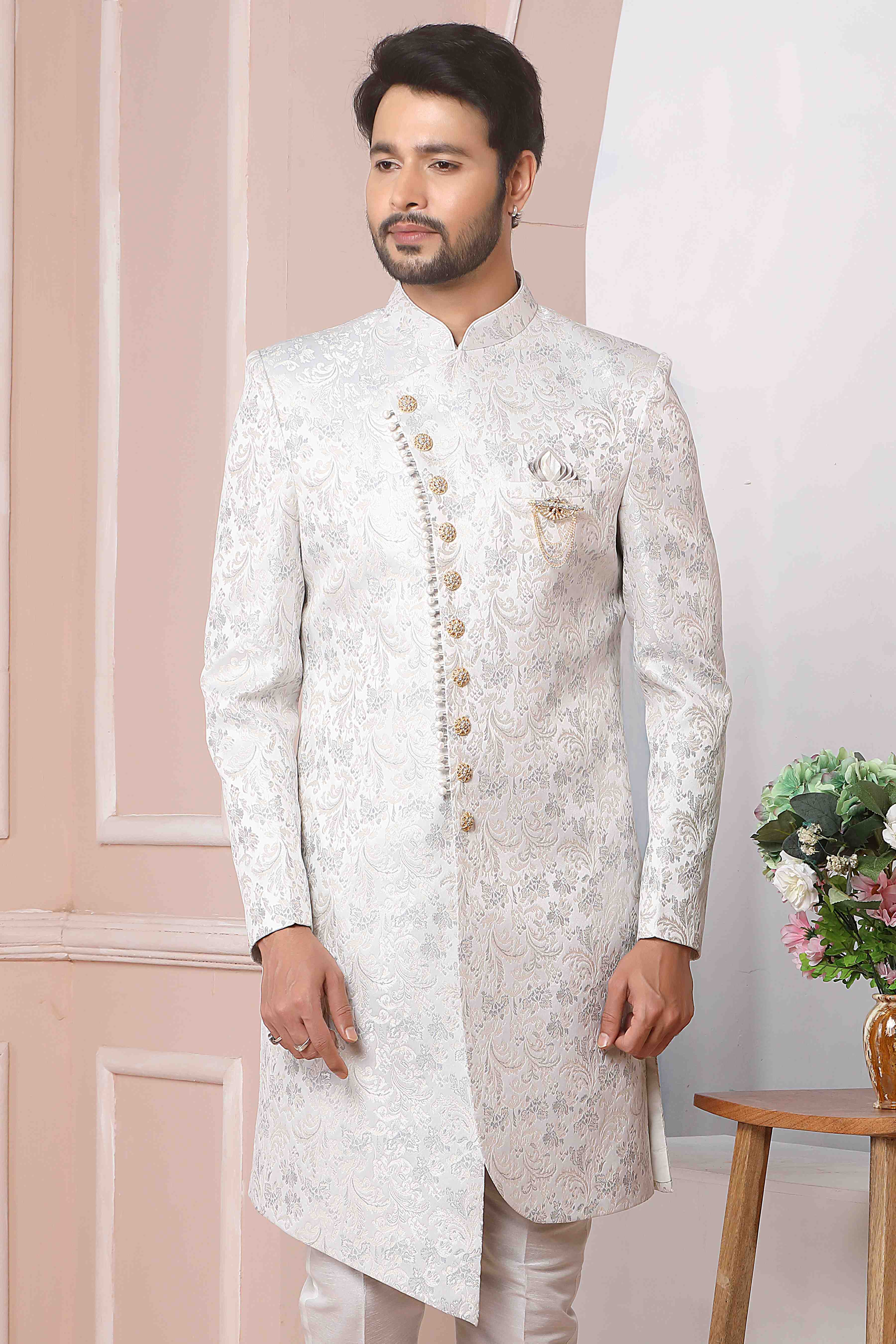 Raivat Ethnic Jacquard Silk Thread Work Indo Western In Light Grey Colour | Grocsy