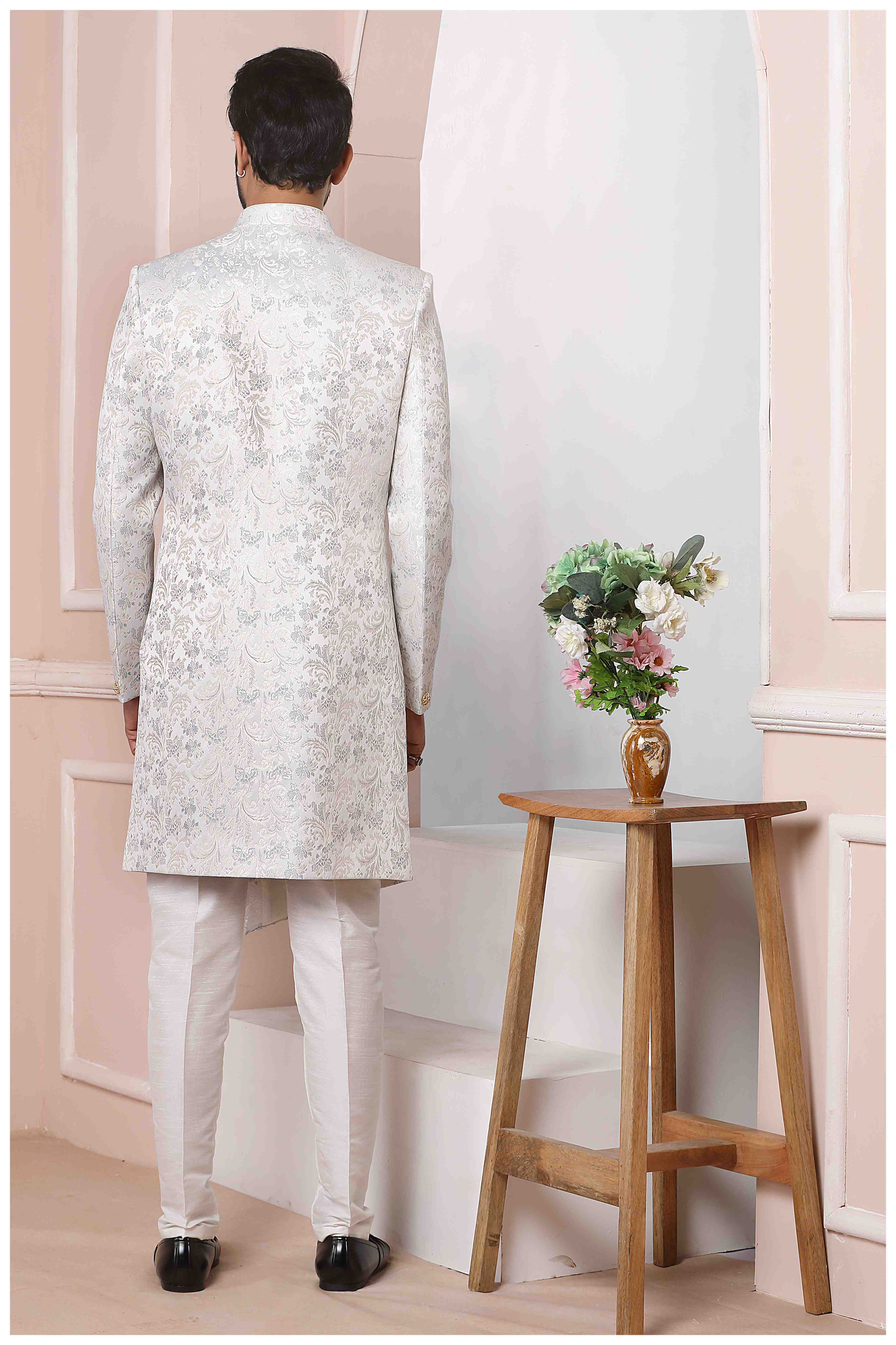 Raivat Ethnic Jacquard Silk Thread Work Indo Western In Light Grey Colour | Grocsy