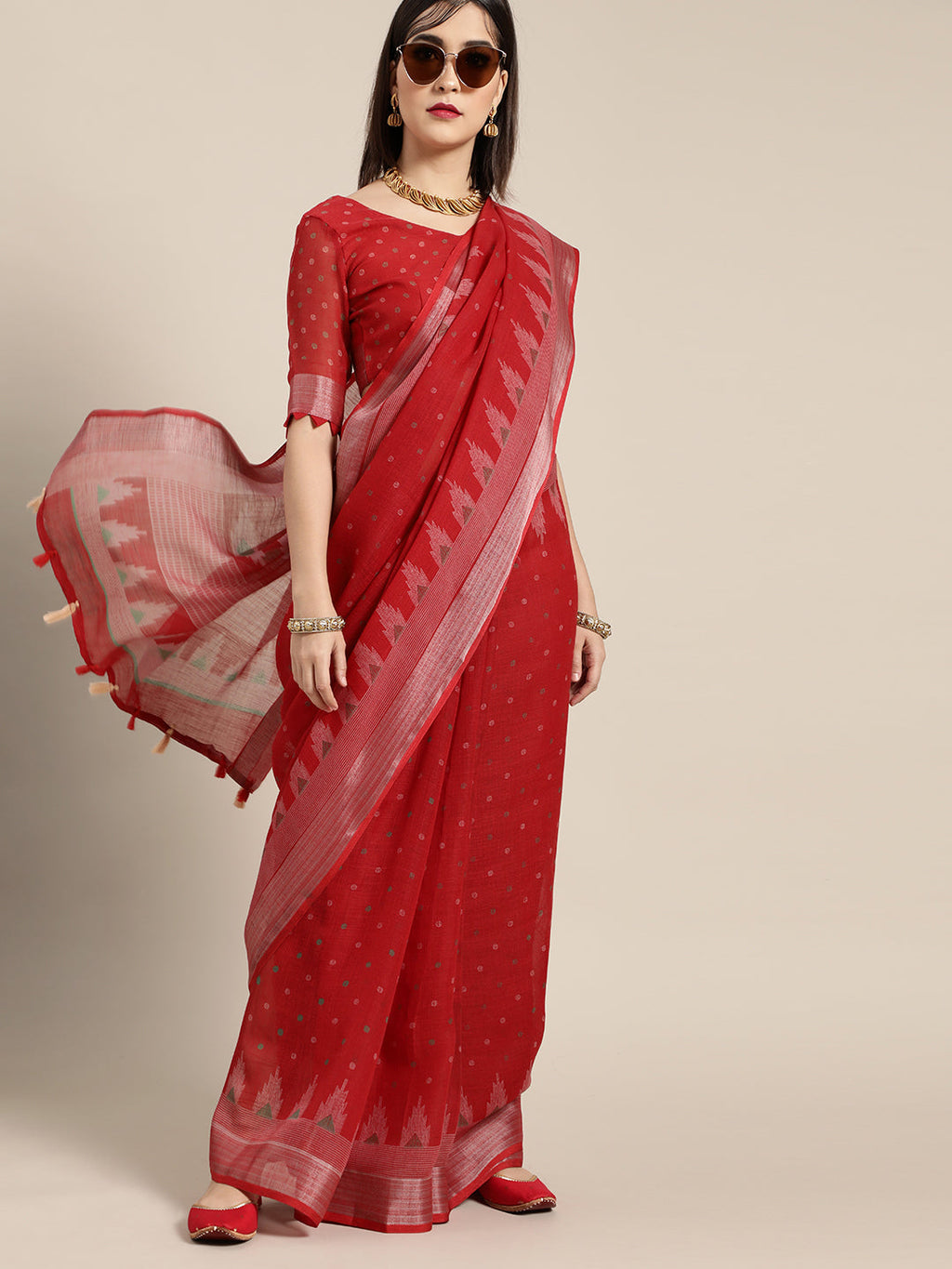 Saree Mall Saree Mall Blazing Red Linen Blend Saree | Grocsy