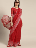 Saree Mall Saree Mall Blazing Red Linen Blend Saree | Grocsy