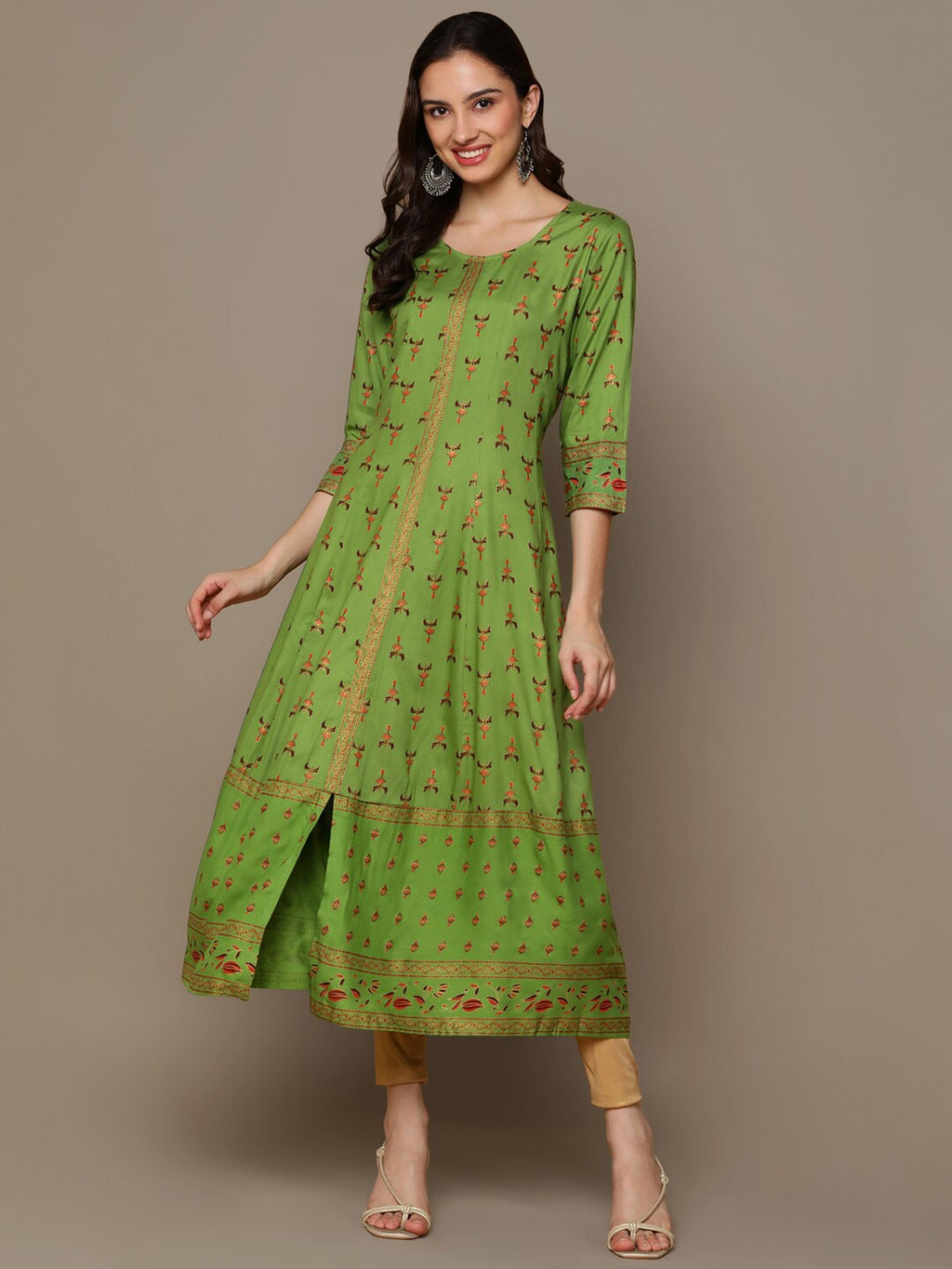 HERE&NOW Green & Maroon Ethnic Motifs Printed A-Line Kurta | Grocsy