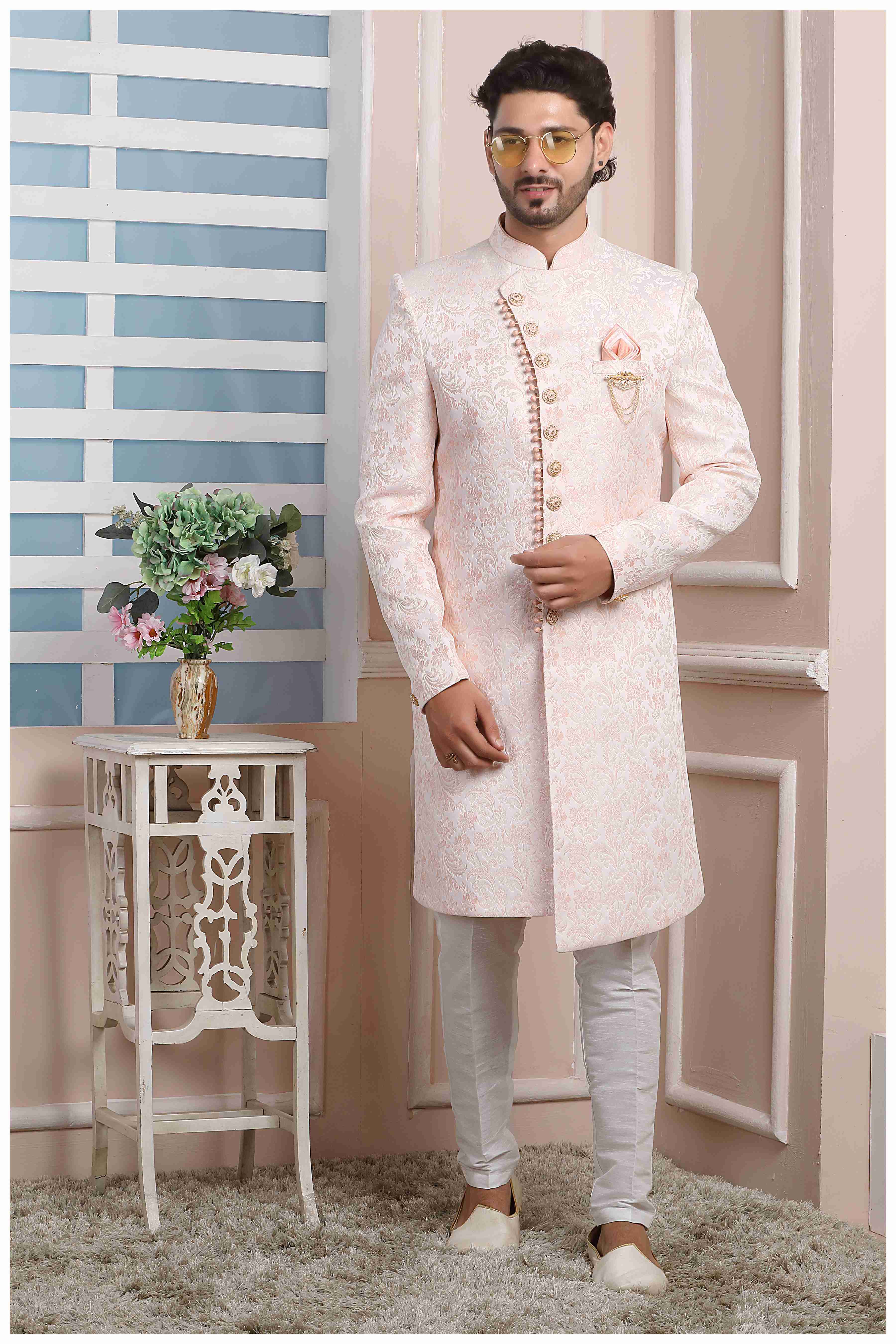 Raivat Ethnic Jacquard Silk Thread Work Indo Western In Pink Colour | Grocsy