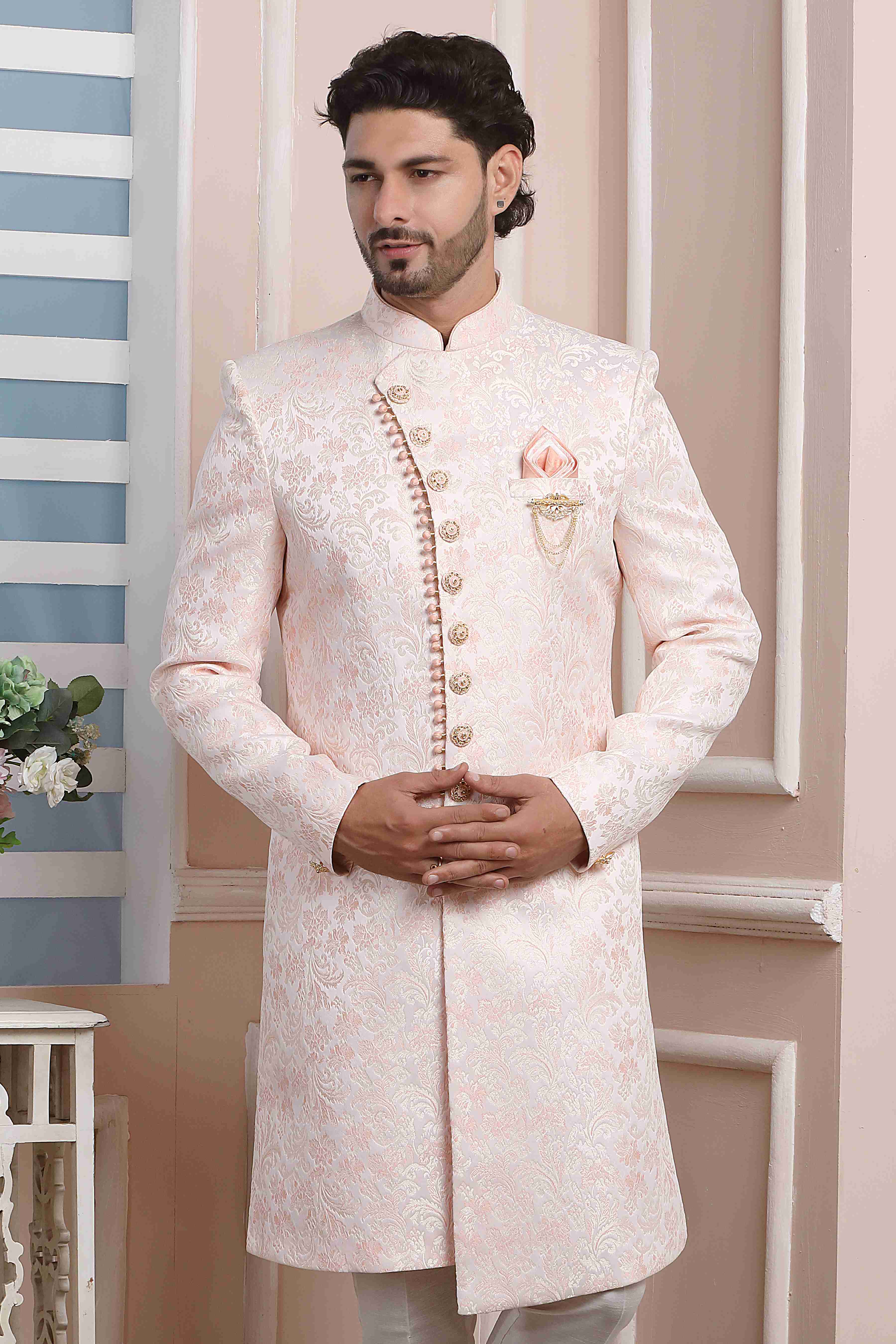 Raivat Ethnic Jacquard Silk Thread Work Indo Western In Pink Colour | Grocsy
