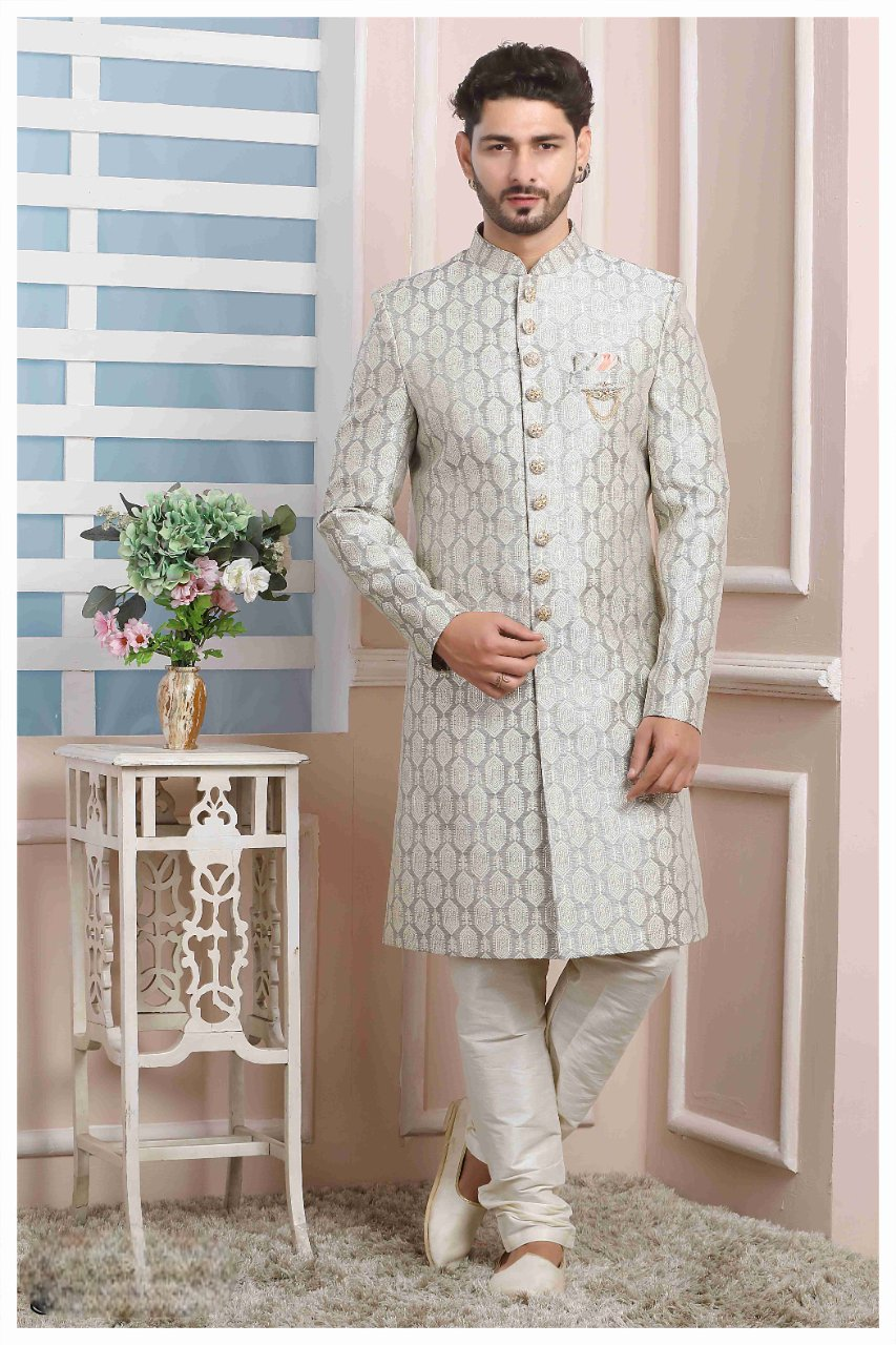 Raivat Ethnic Jacquard Silk Thread Work Indo Western In Grey Colour | Grocsy