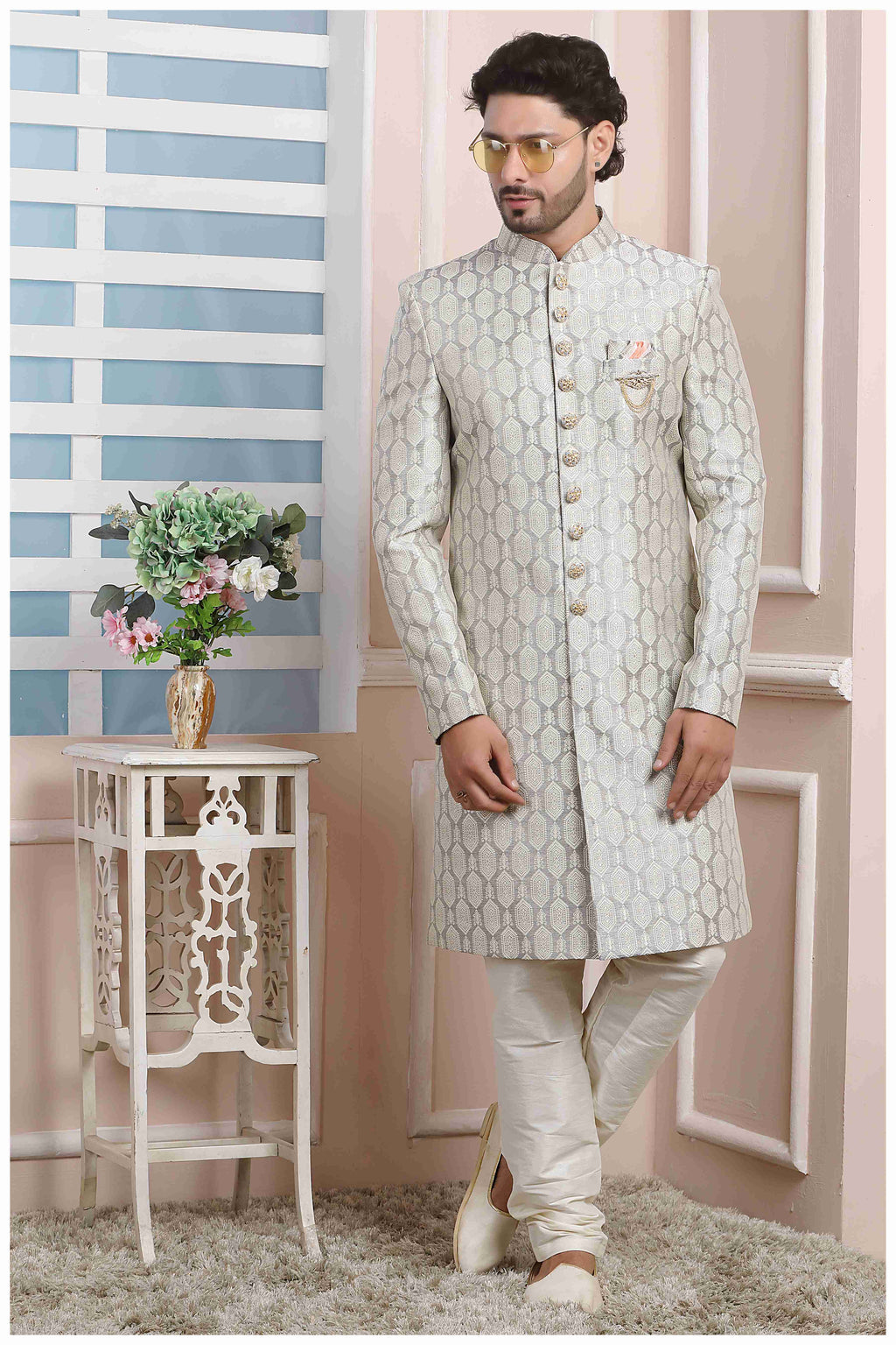 Raivat Ethnic Jacquard Silk Thread Work Indo Western In Grey Colour | Grocsy