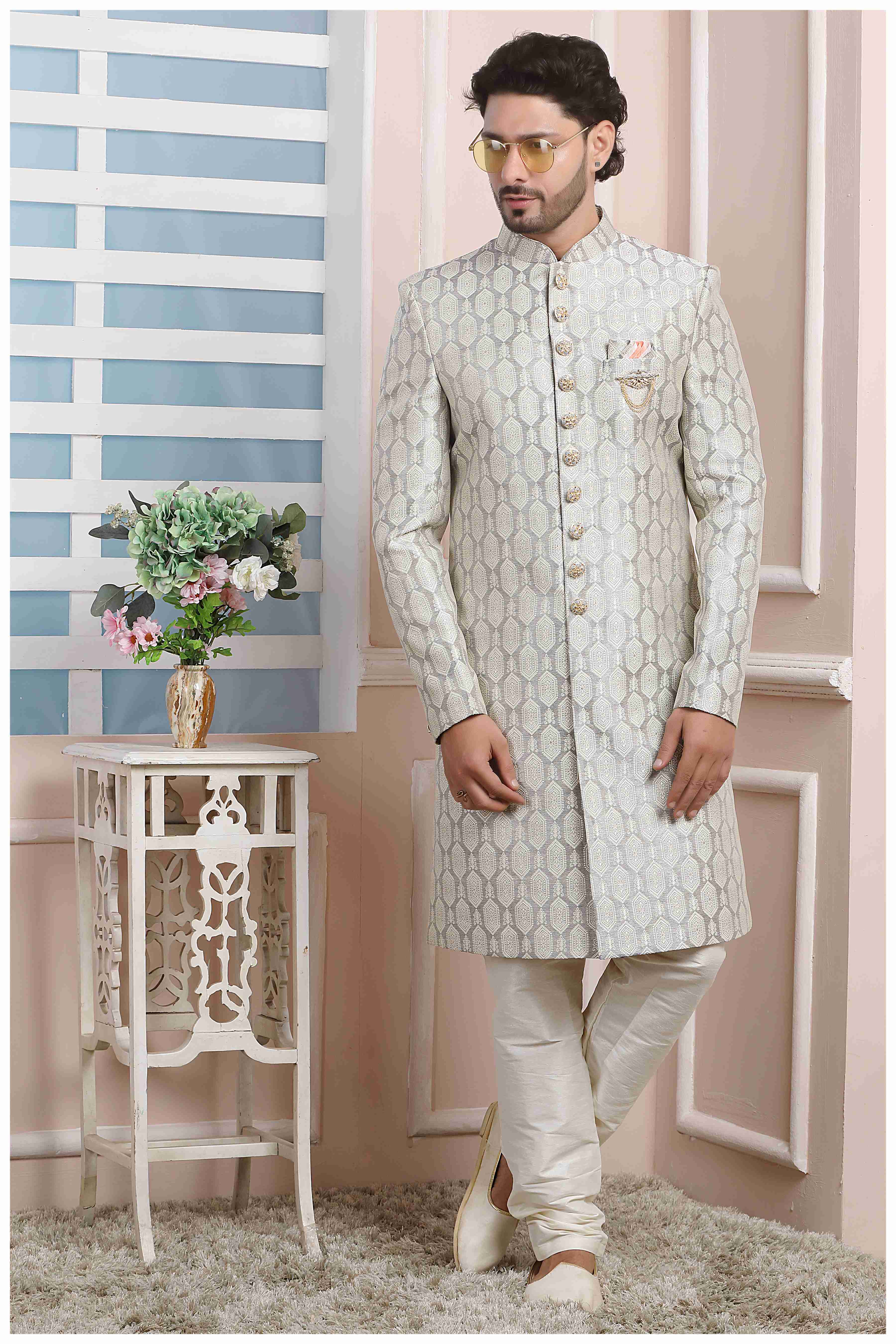 Raivat Ethnic Jacquard Silk Thread Work Indo Western In Grey Colour | Grocsy