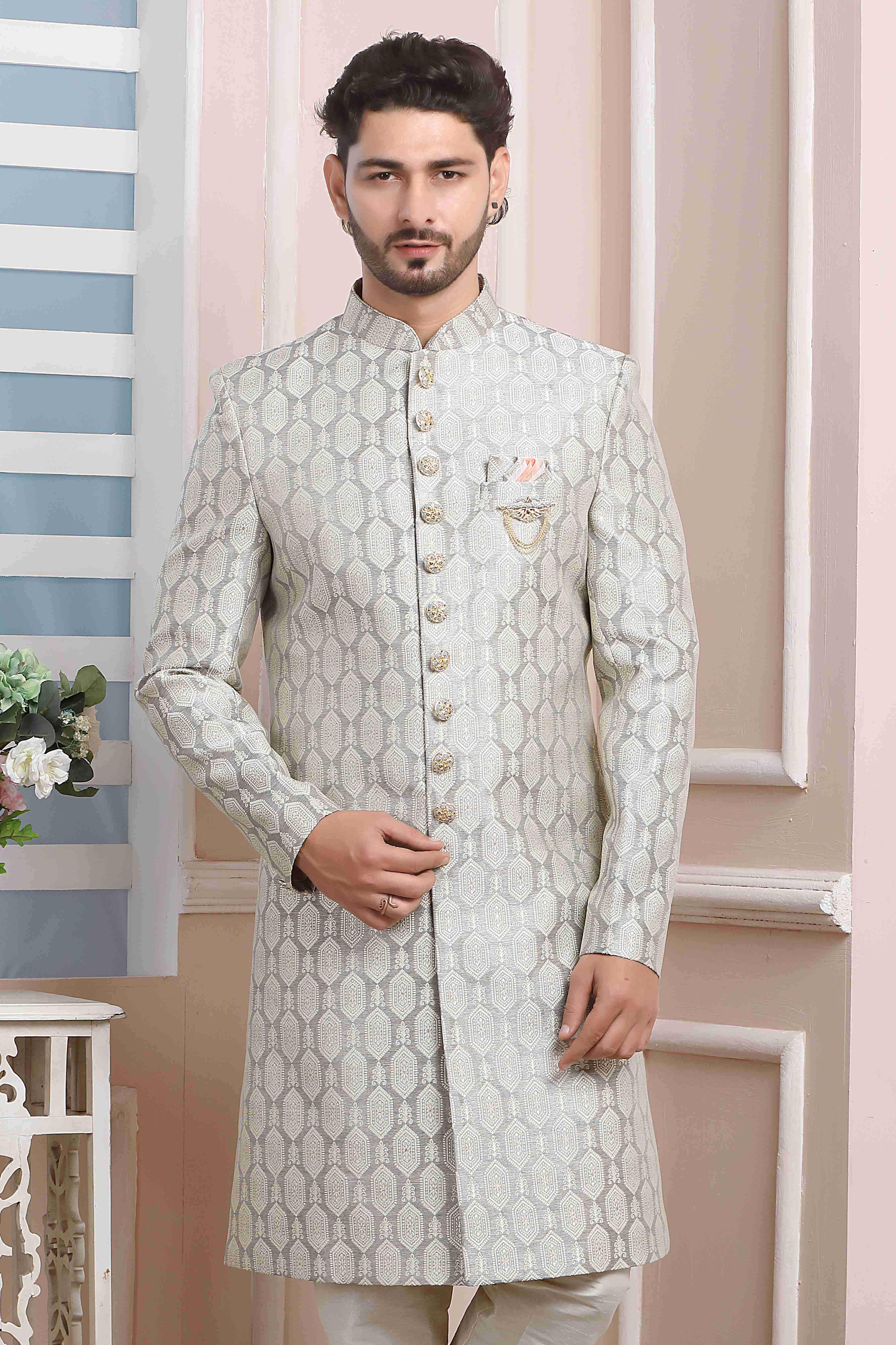 Raivat Ethnic Jacquard Silk Thread Work Indo Western In Grey Colour | Grocsy