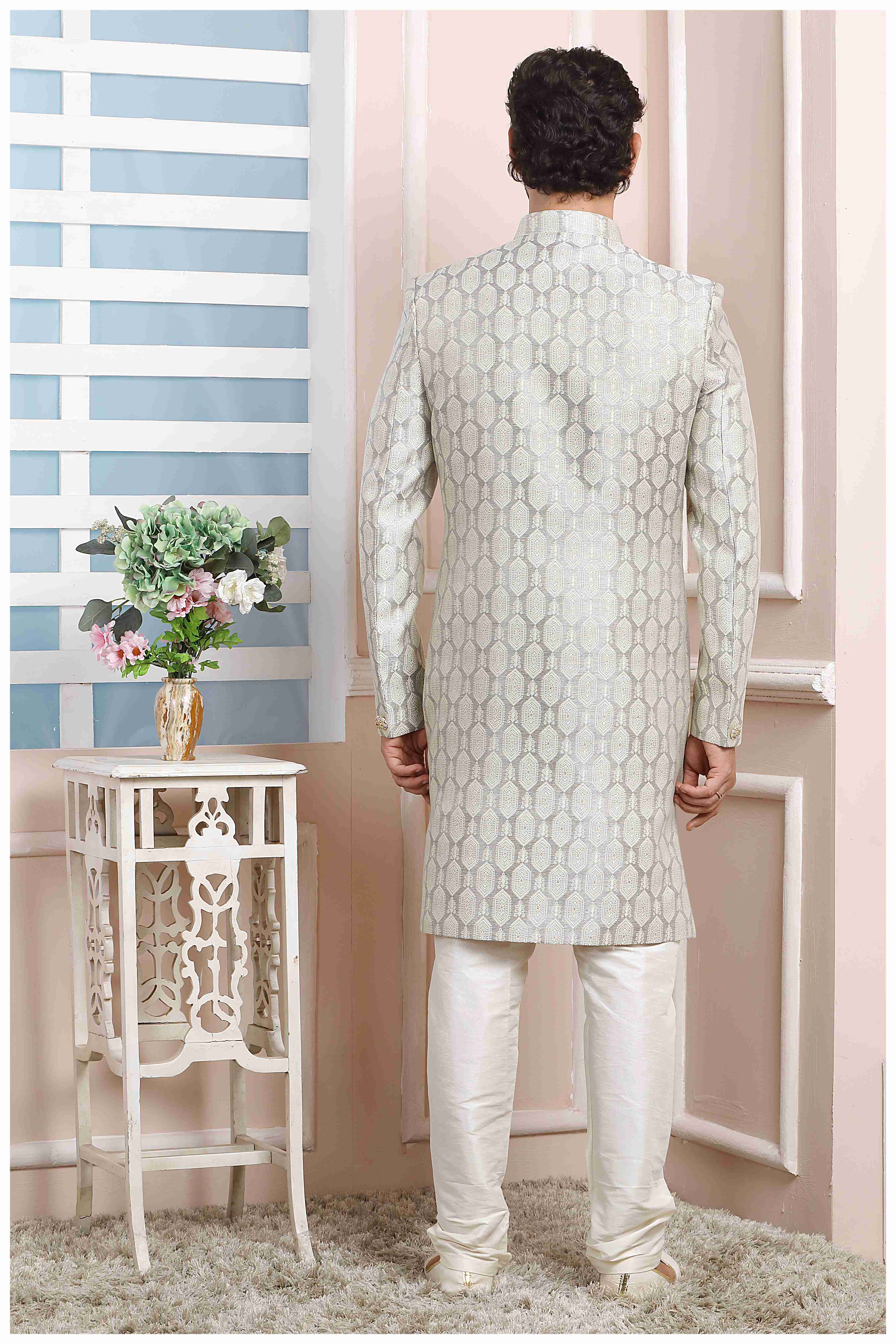 Raivat Ethnic Jacquard Silk Thread Work Indo Western In Grey Colour | Grocsy