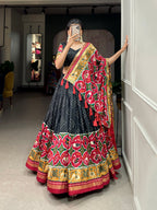 Lorenvalley Black Tussar Silk Patola Print With foil work Lehenga Choli with Dupatta | Grocsy