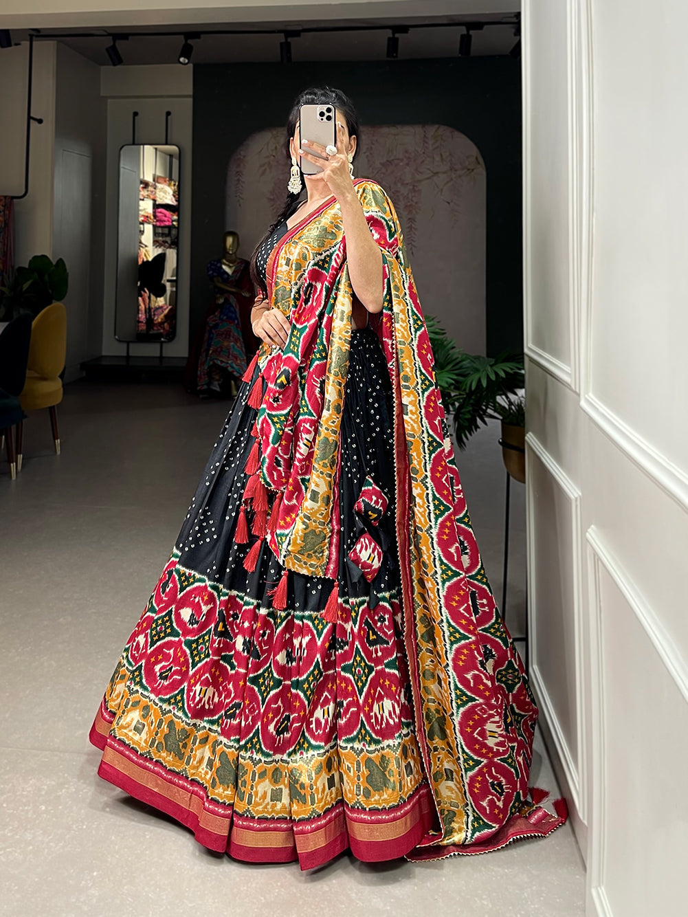 Lorenvalley Black Tussar Silk Patola Print With foil work Lehenga Choli with Dupatta | Grocsy