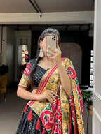 Lorenvalley Black Tussar Silk Patola Print With foil work Lehenga Choli with Dupatta | Grocsy