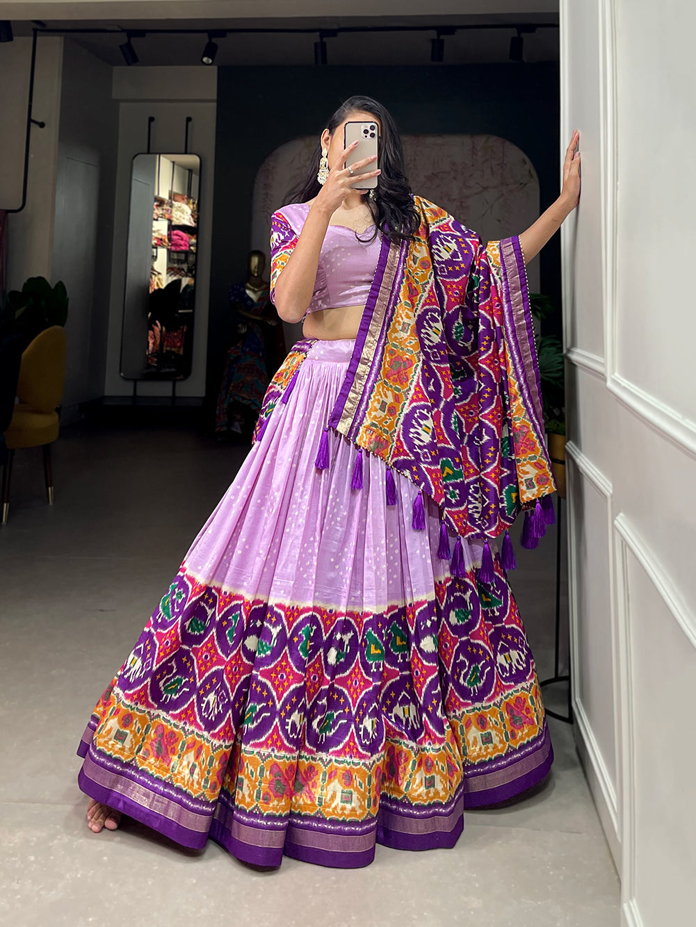 Lorenvalley Lavender Tussar Silk Patola Print With foil work Lehenga Choli with Dupatta | Grocsy