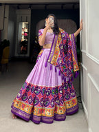 Lorenvalley Lavender Tussar Silk Patola Print With foil work Lehenga Choli with Dupatta | Grocsy
