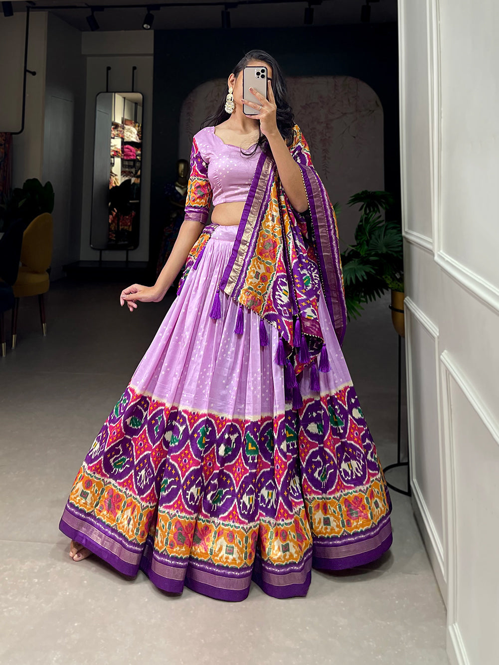 Lorenvalley Lavender Tussar Silk Patola Print With foil work Lehenga Choli with Dupatta | Grocsy