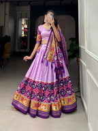 Lorenvalley Lavender Tussar Silk Patola Print With foil work Lehenga Choli with Dupatta | Grocsy