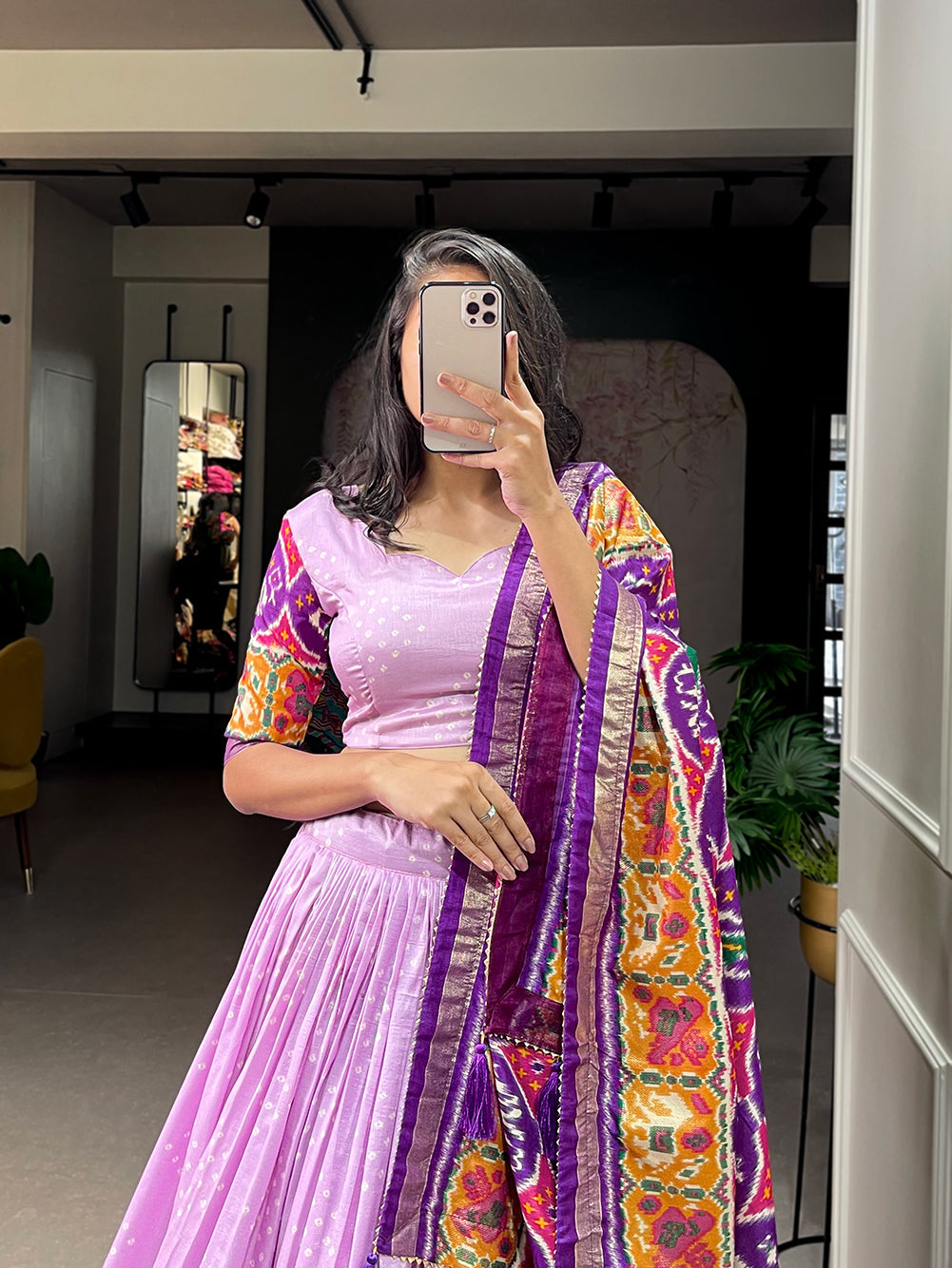 Lorenvalley Lavender Tussar Silk Patola Print With foil work Lehenga Choli with Dupatta | Grocsy
