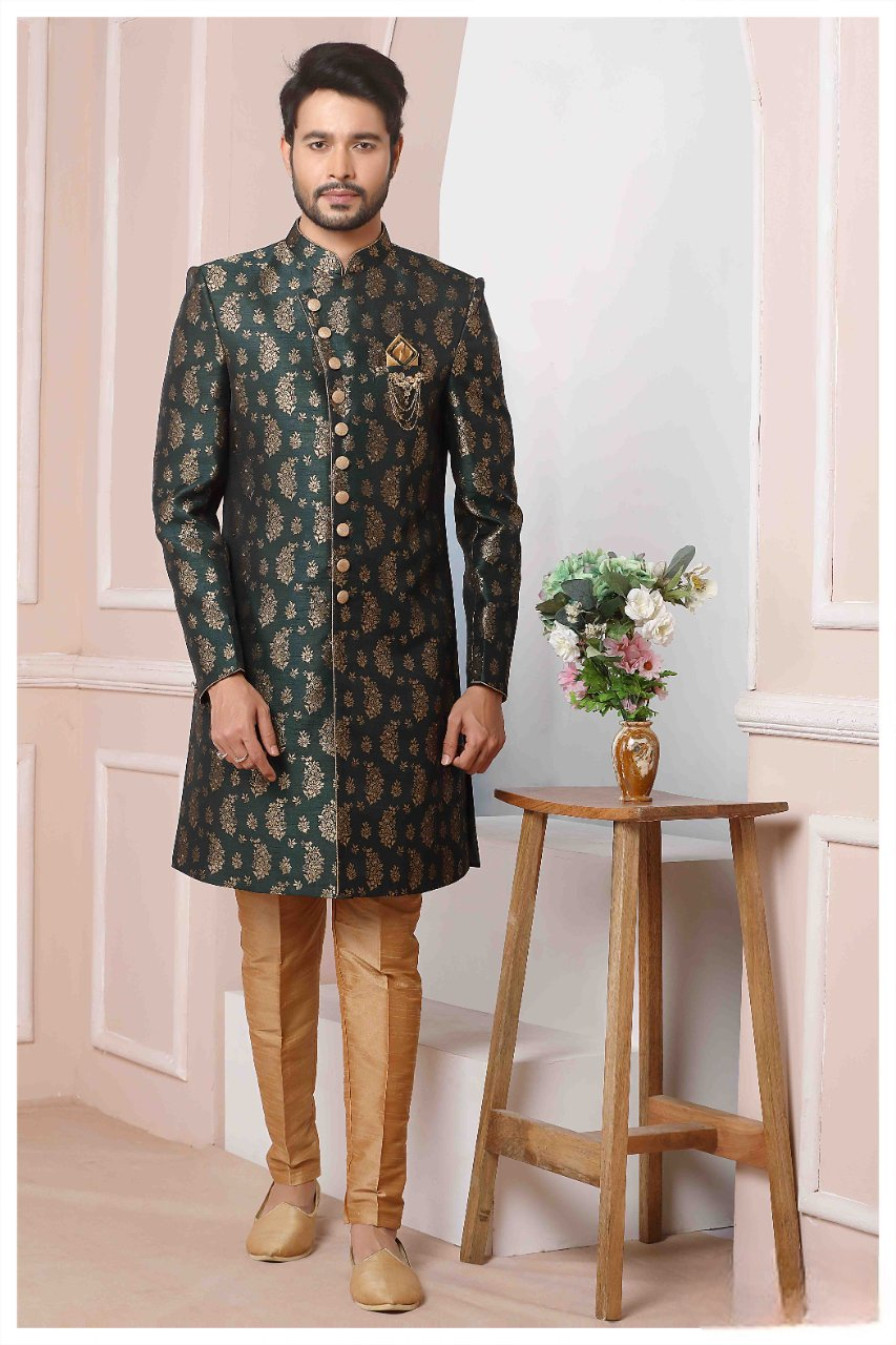 Raivat Ethnic Jacquard Silk Thread Work Indo Western In Green Colour | Grocsy