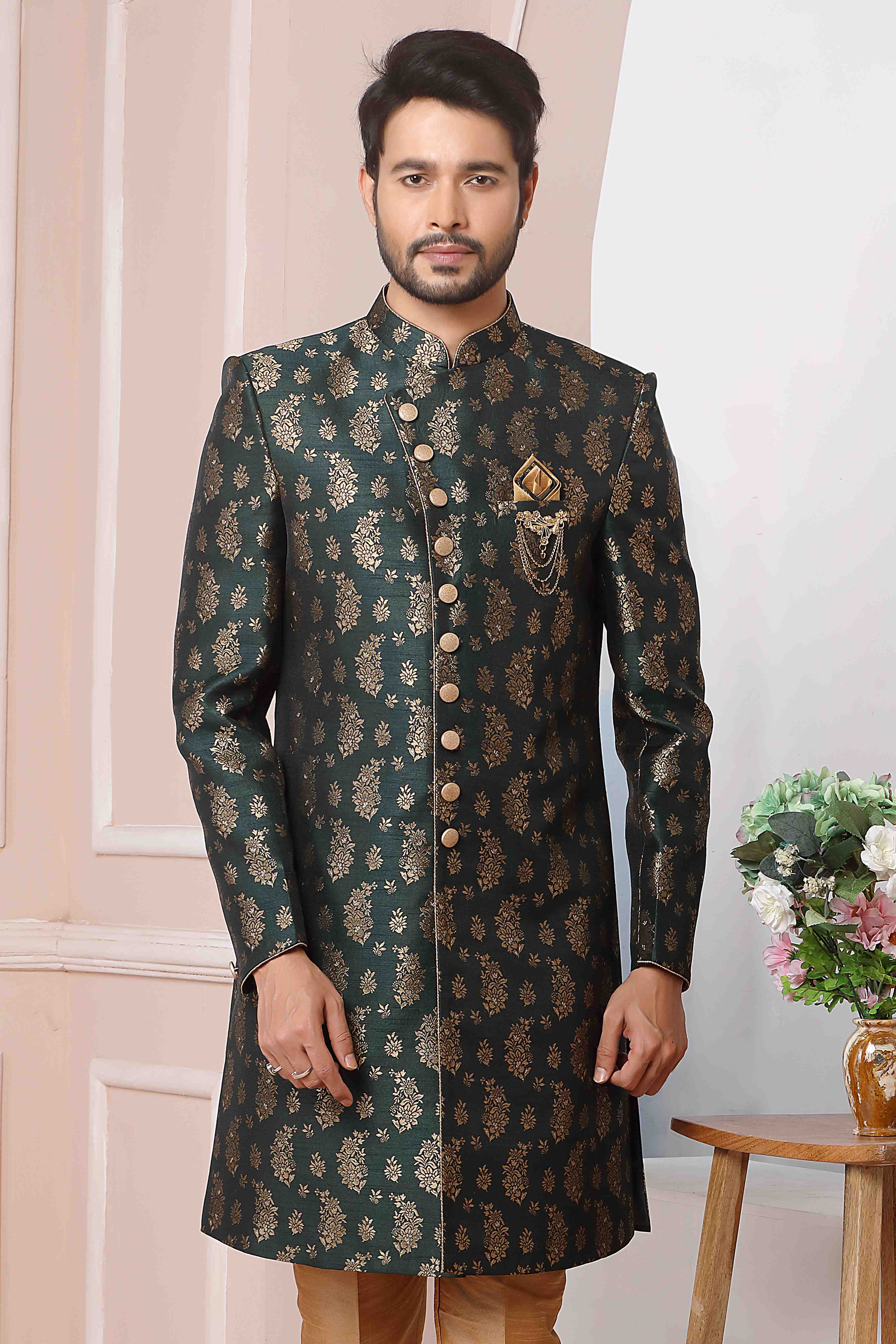 Raivat Ethnic Jacquard Silk Thread Work Indo Western In Green Colour | Grocsy