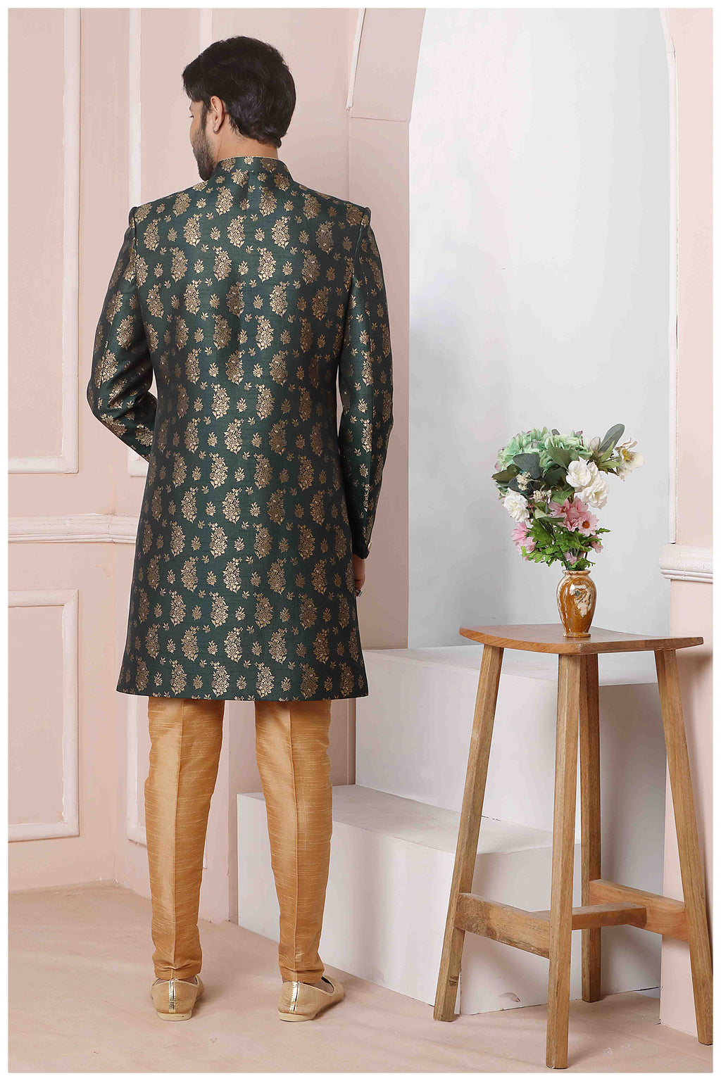 Raivat Ethnic Jacquard Silk Thread Work Indo Western In Green Colour | Grocsy