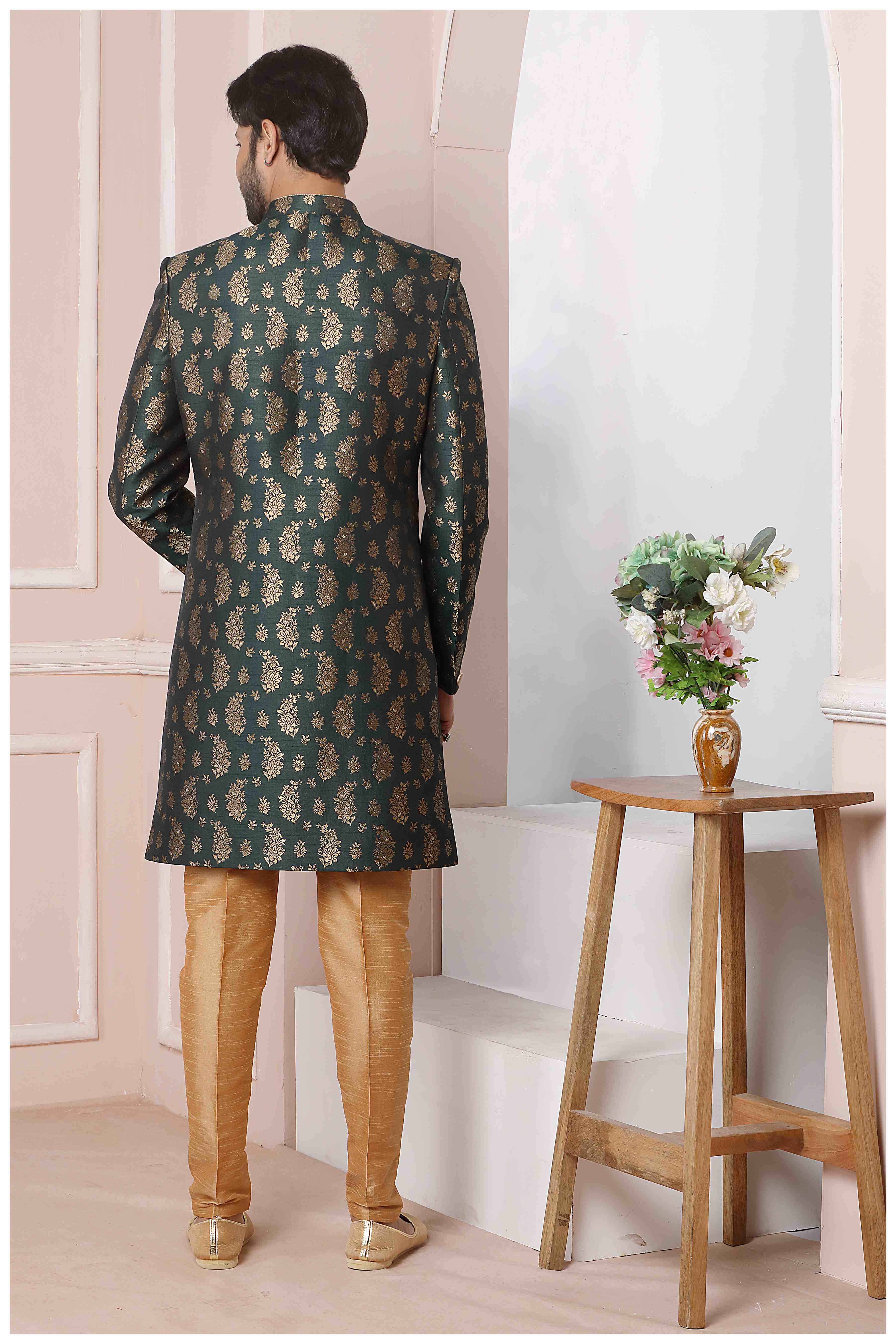 Raivat Ethnic Jacquard Silk Thread Work Indo Western In Green Colour | Grocsy