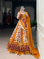 Lorenvalley Fashion Mustard Rayon with Printed Silk Patola Print with Gamthi Work and Lace Touch Up Lehenga Choli with Dupatta | Grocsy