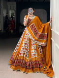 Lorenvalley Fashion Mustard Rayon with Printed Silk Patola Print with Gamthi Work and Lace Touch Up Lehenga Choli with Dupatta | Grocsy