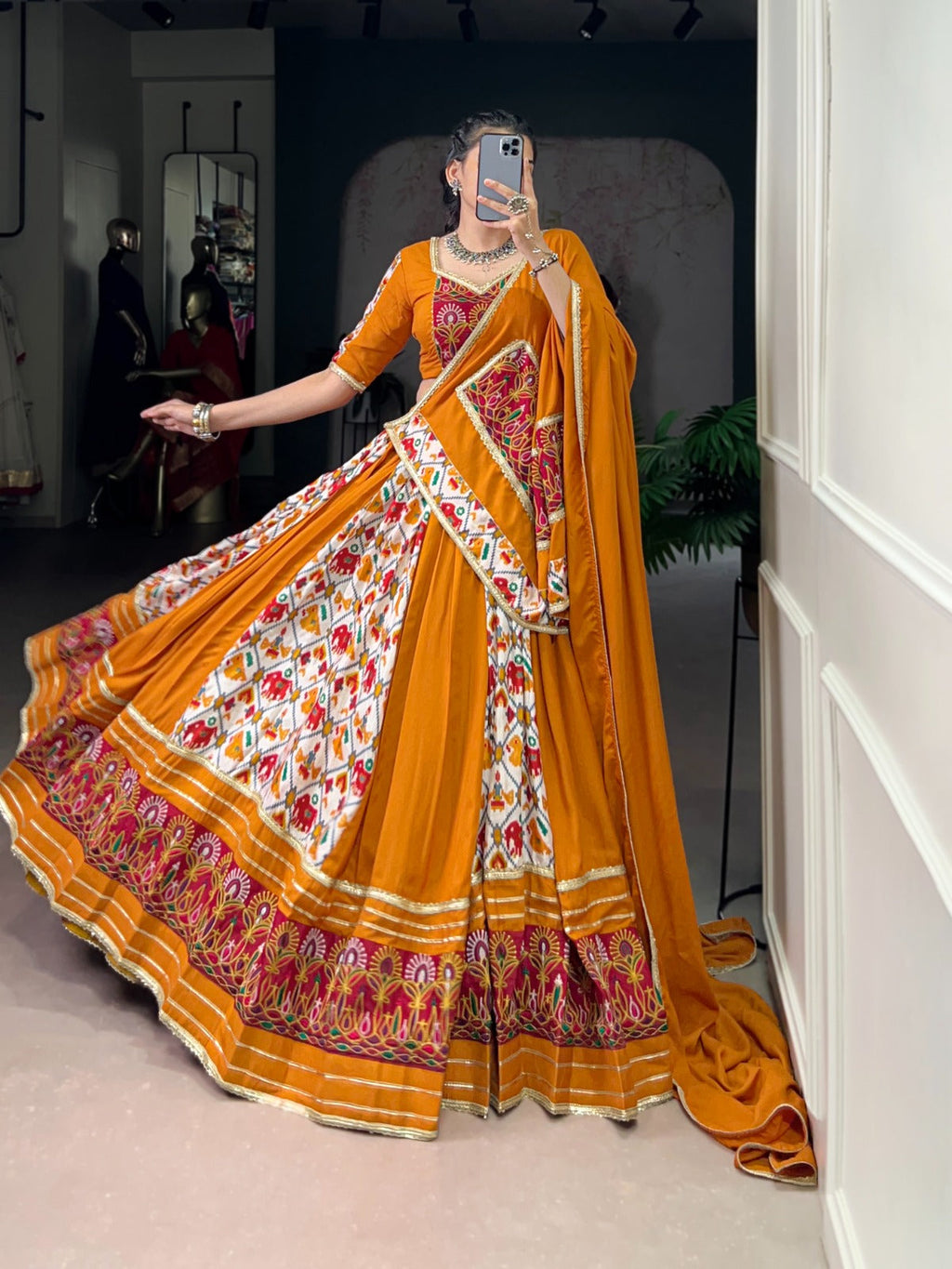 Lorenvalley Fashion Mustard Rayon with Printed Silk Patola Print with Gamthi Work and Lace Touch Up Lehenga Choli with Dupatta | Grocsy