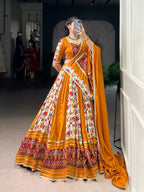 Lorenvalley Fashion Mustard Rayon with Printed Silk Patola Print with Gamthi Work and Lace Touch Up Lehenga Choli with Dupatta | Grocsy