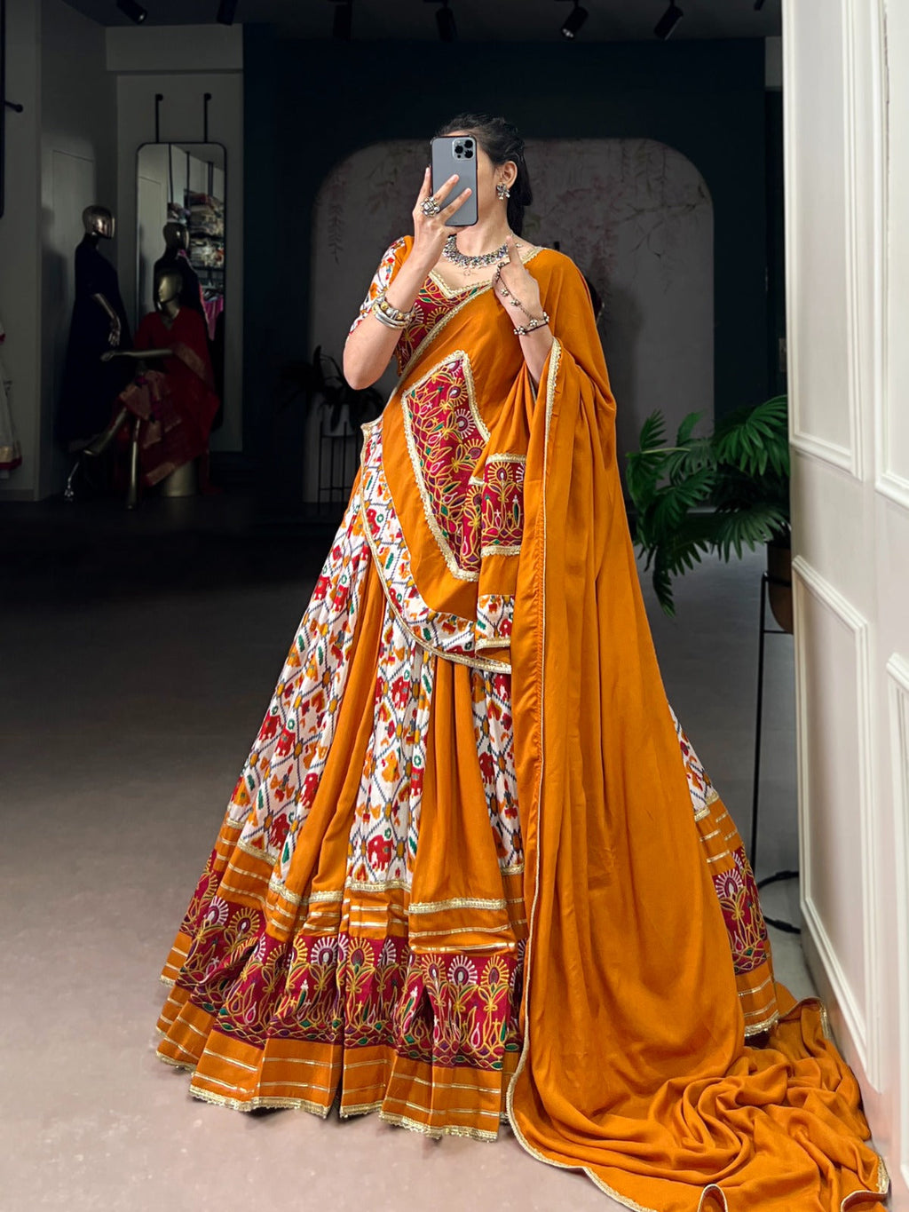 Lorenvalley Fashion Mustard Rayon with Printed Silk Patola Print with Gamthi Work and Lace Touch Up Lehenga Choli with Dupatta | Grocsy