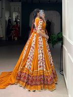Lorenvalley Fashion Mustard Rayon with Printed Silk Patola Print with Gamthi Work and Lace Touch Up Lehenga Choli with Dupatta | Grocsy