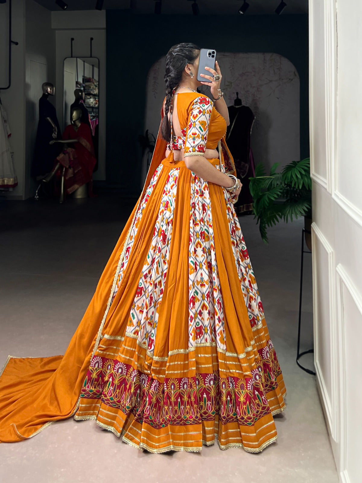 Lorenvalley Fashion Mustard Rayon with Printed Silk Patola Print with Gamthi Work and Lace Touch Up Lehenga Choli with Dupatta | Grocsy