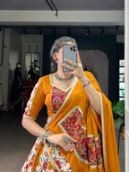 Lorenvalley Fashion Mustard Rayon with Printed Silk Patola Print with Gamthi Work and Lace Touch Up Lehenga Choli with Dupatta | Grocsy