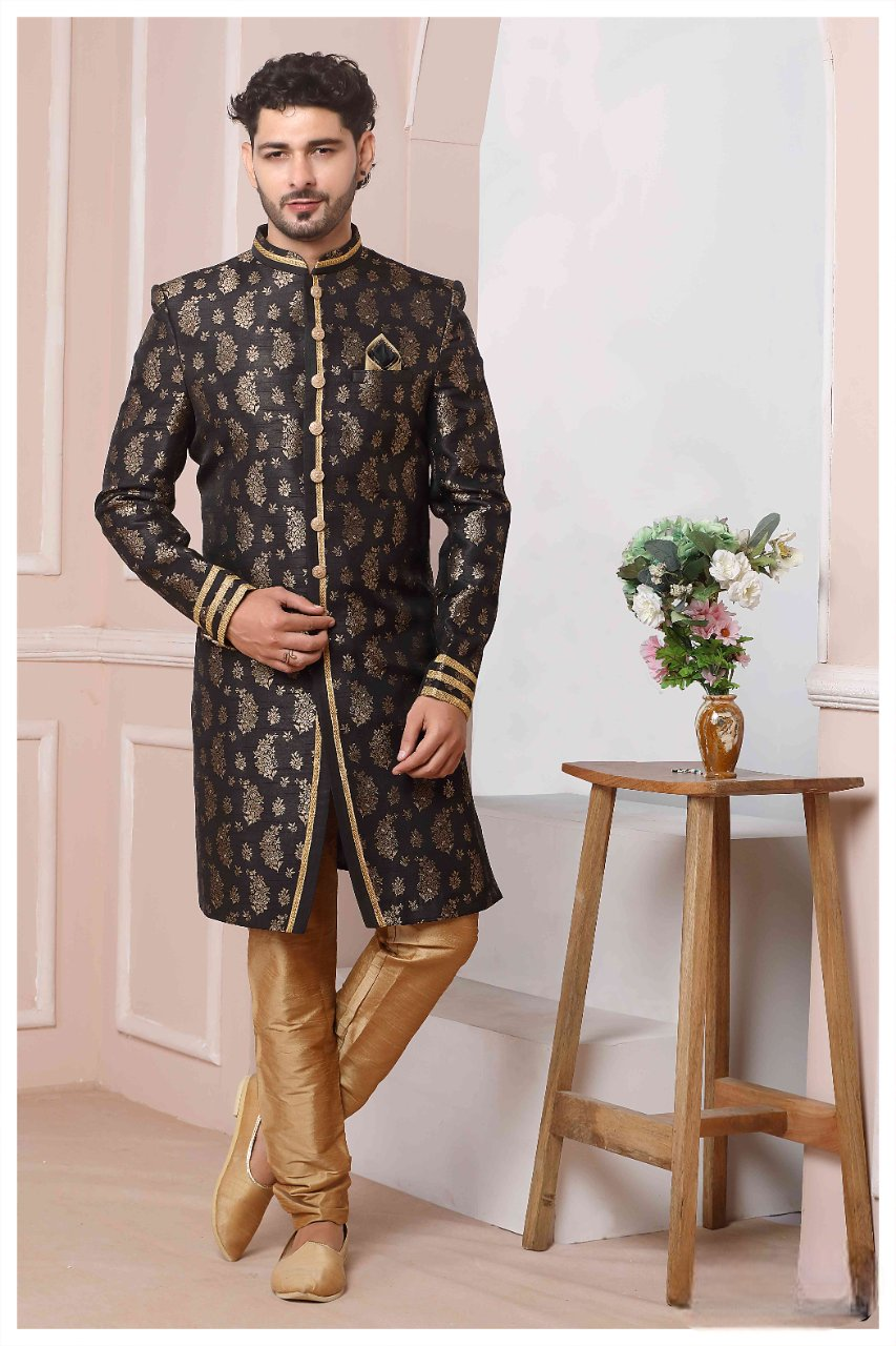 Raivat Ethnic Jacquard Silk Thread Work Indo Western In Black Colour | Grocsy