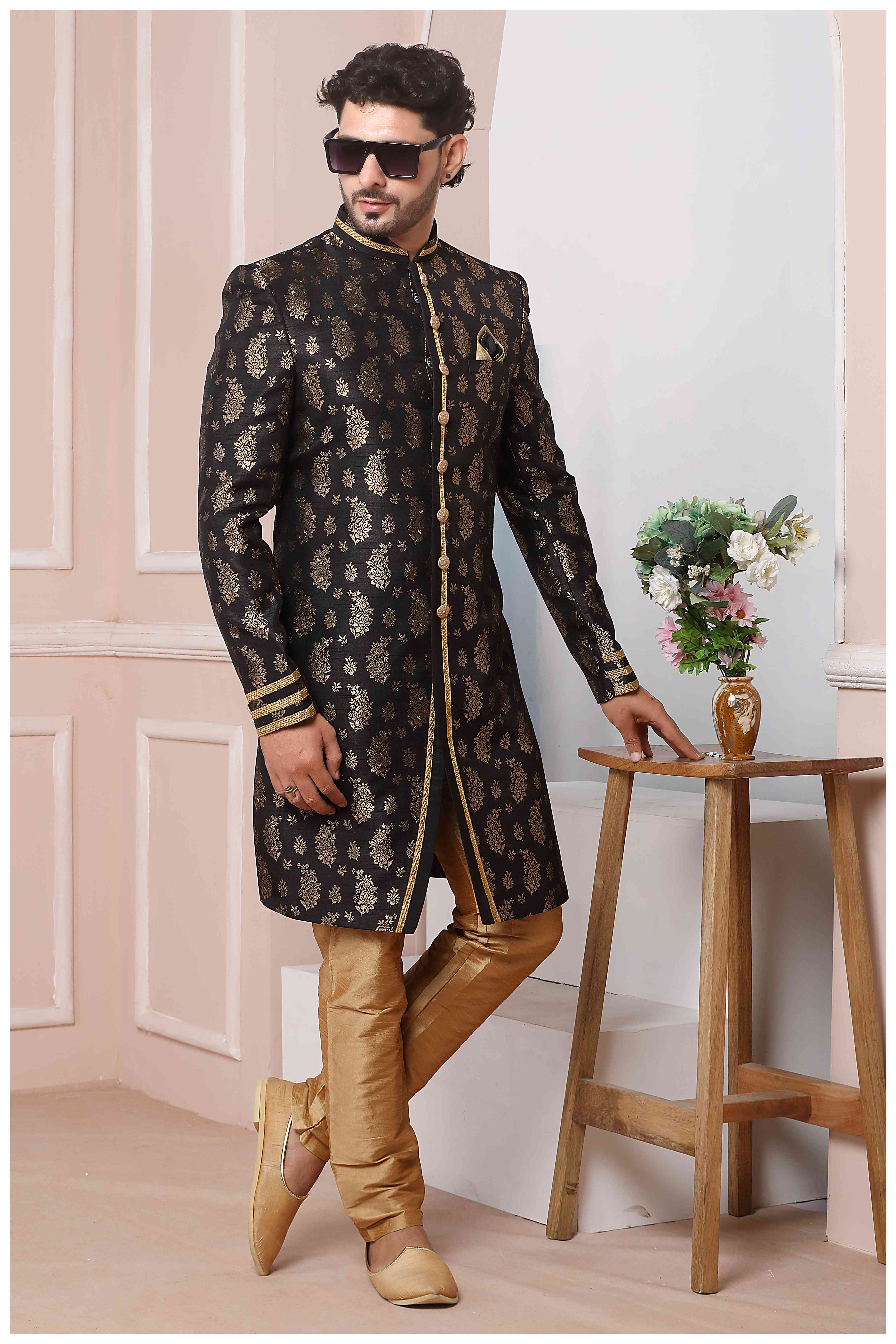 Raivat Ethnic Jacquard Silk Thread Work Indo Western In Black Colour | Grocsy