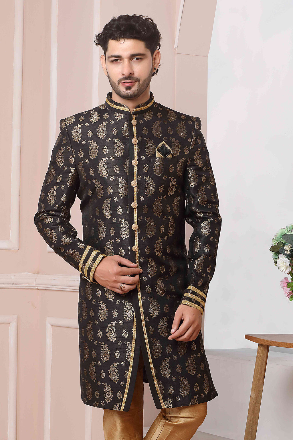 Raivat Ethnic Jacquard Silk Thread Work Indo Western In Black Colour | Grocsy