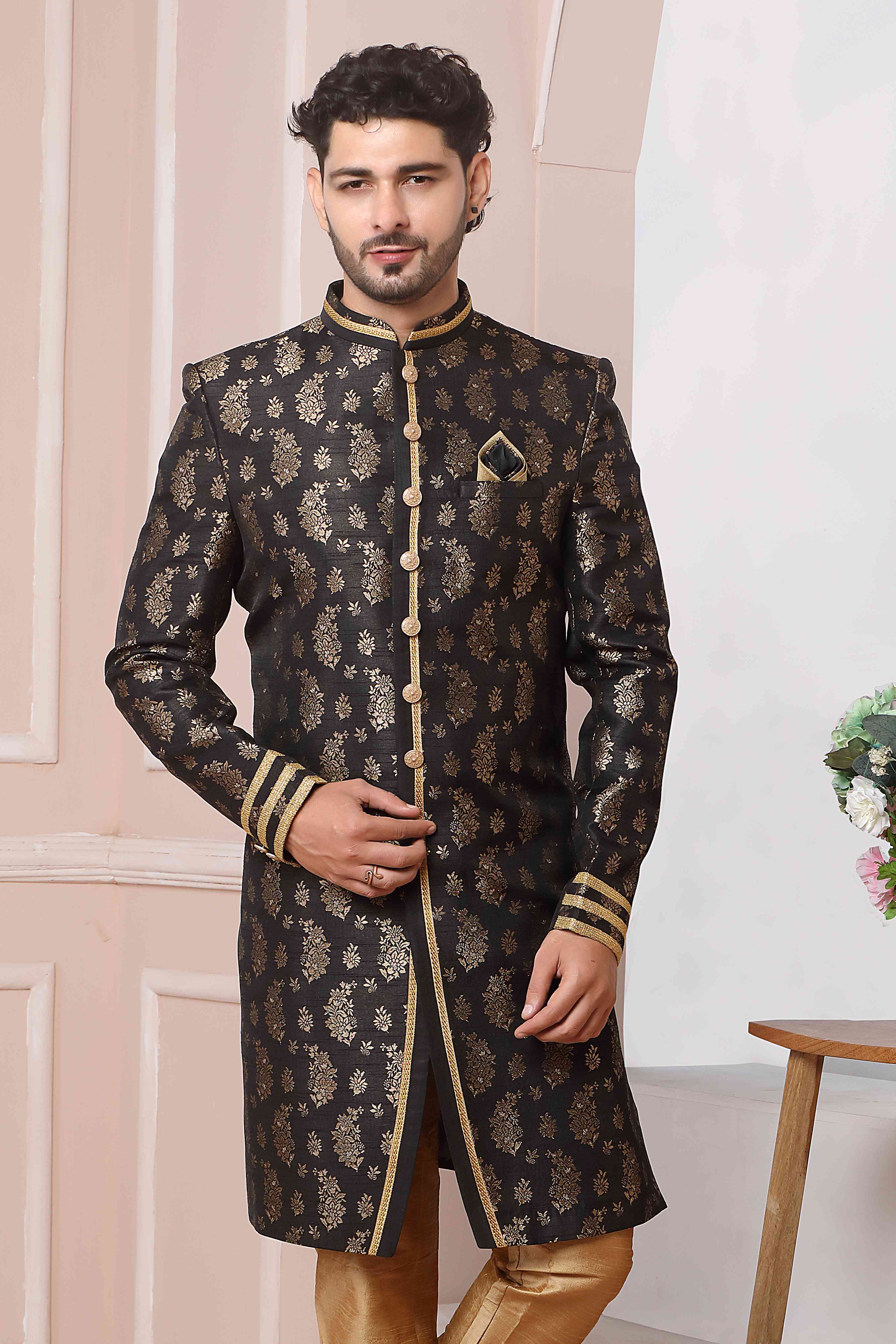Raivat Ethnic Jacquard Silk Thread Work Indo Western In Black Colour | Grocsy