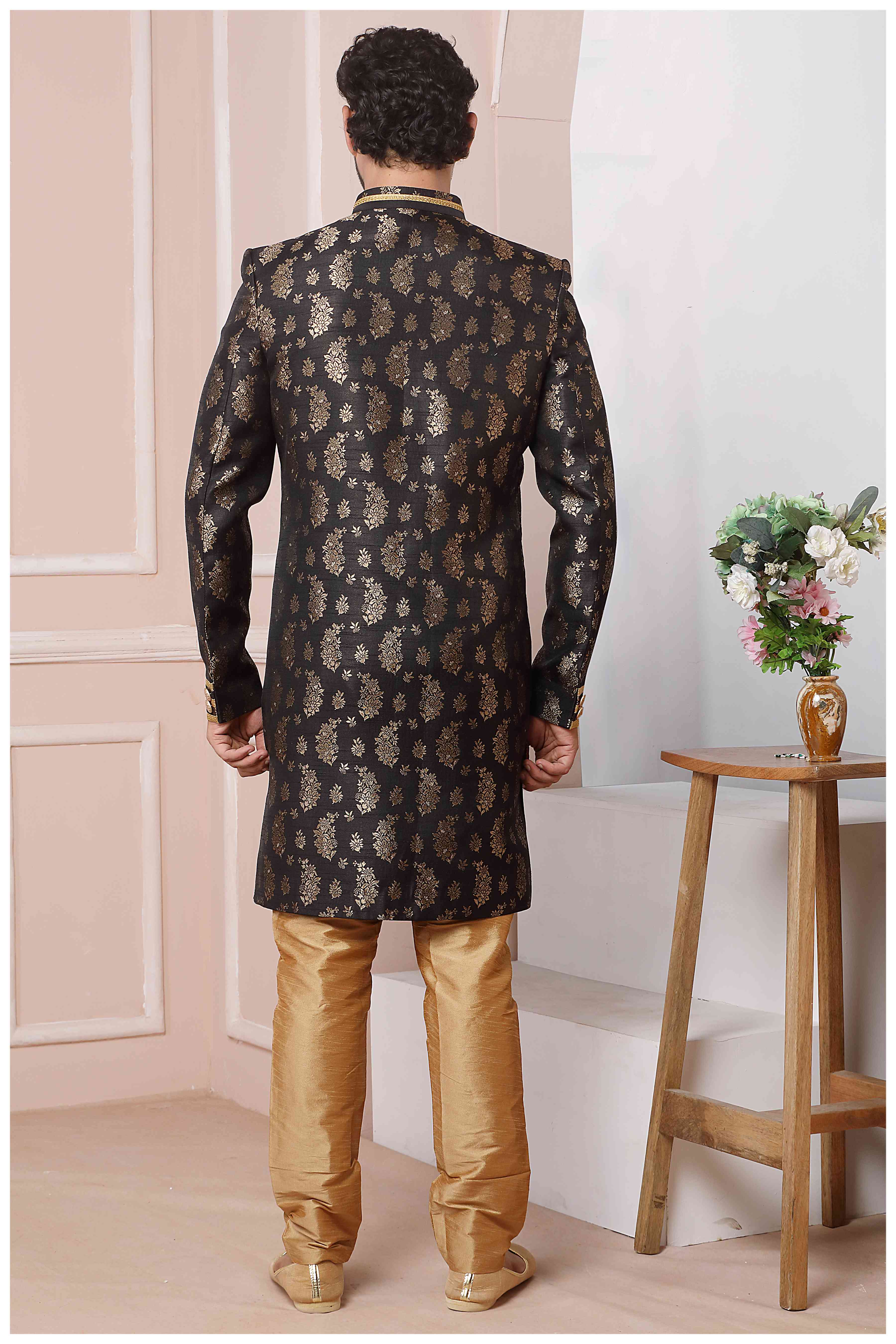 Raivat Ethnic Jacquard Silk Thread Work Indo Western In Black Colour | Grocsy