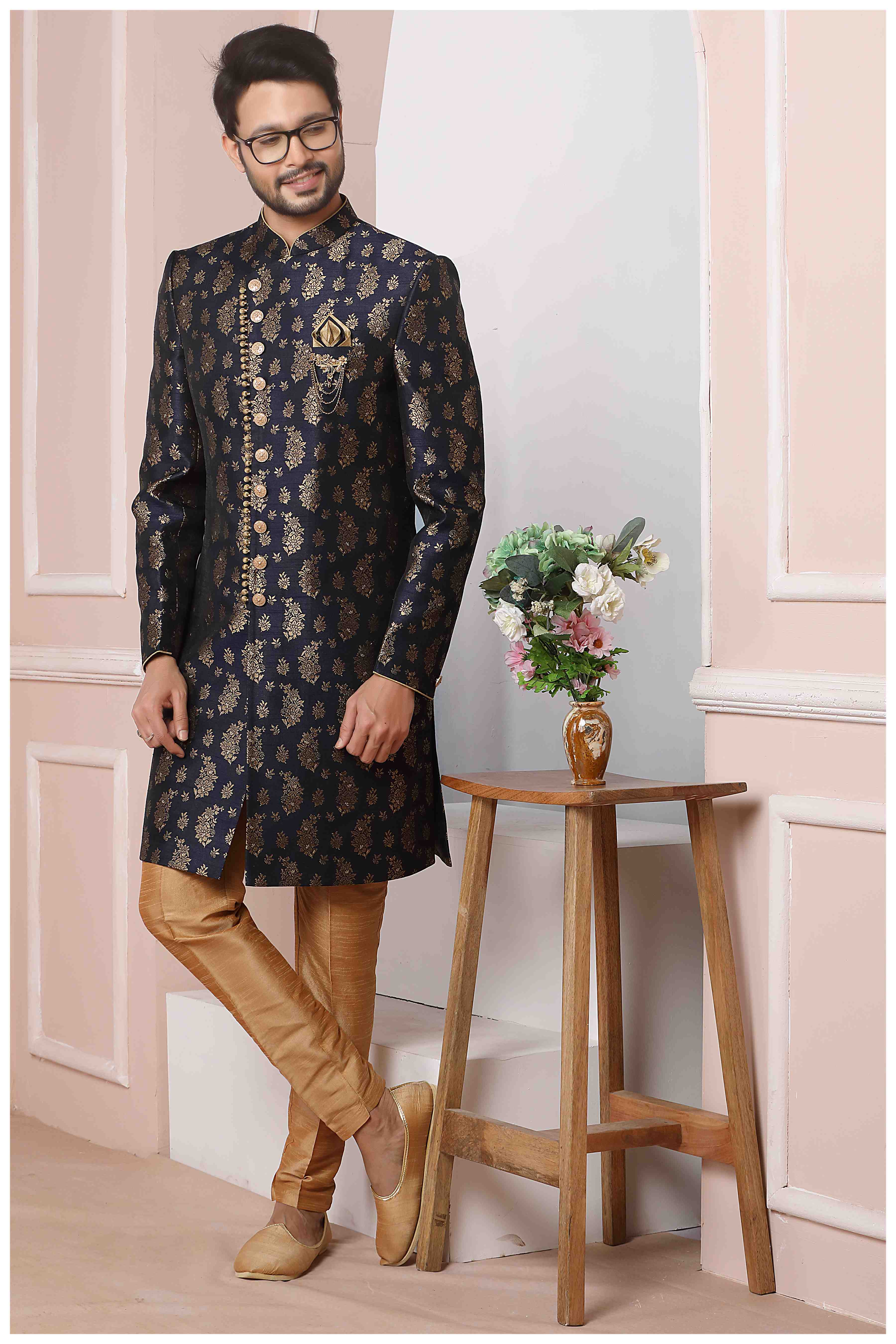Raivat Ethnic Jacquard Silk Thread Work Indo Western In Blue Colour | Grocsy
